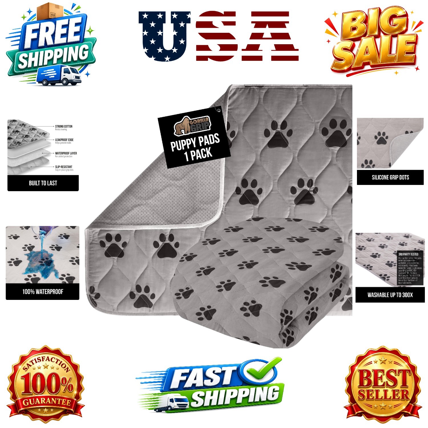 Washable Puppy Pads, Slip Resistant Dog Crate Mat, Waterproof Cloth Pee Pad f…