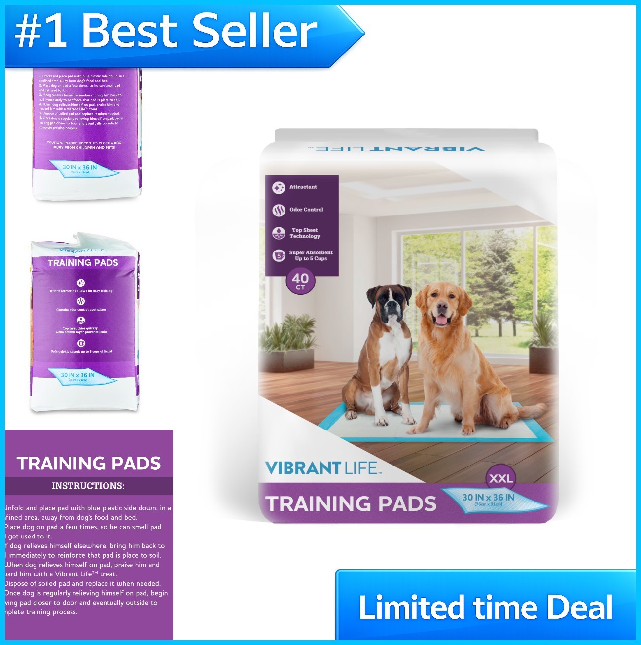 XXL Training Pads 30×36 Inch 40 Count Super Absorbent Leak Proof Dog Puppy Pee