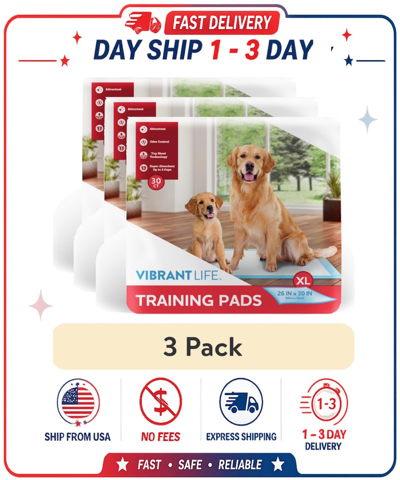 (3 pack) Vibrant Life, Puppy Pads Extra Large 5-Layer Leakproof Pet Training Pad