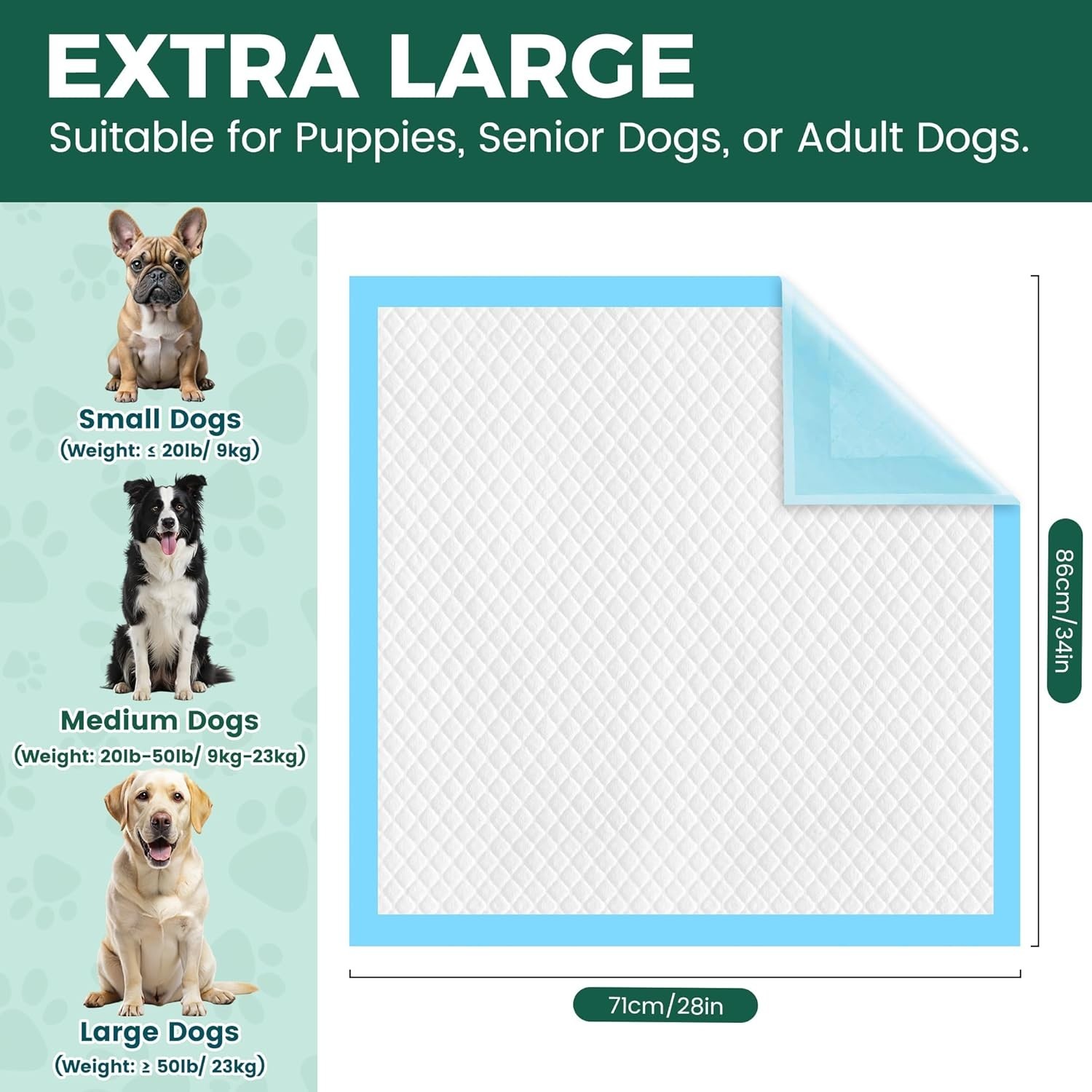 100 Count Quick-Dry Extra Large Puppy Pads 28″x34″ – Super Absorbent & Pet Safe