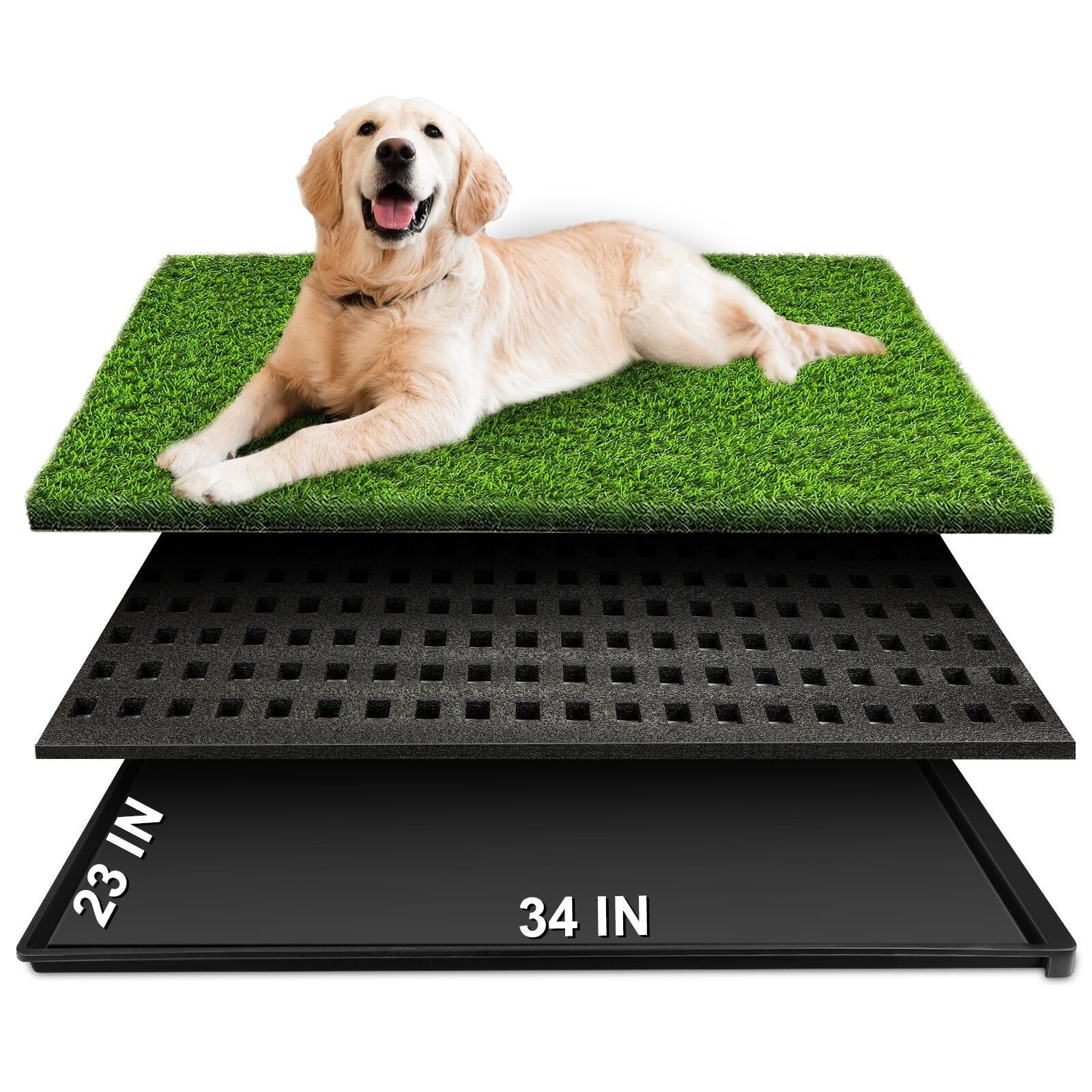 Large Dog Grass Pad with Tray – 34″x23″ Reusable Artificial Turf Potty for Indoo