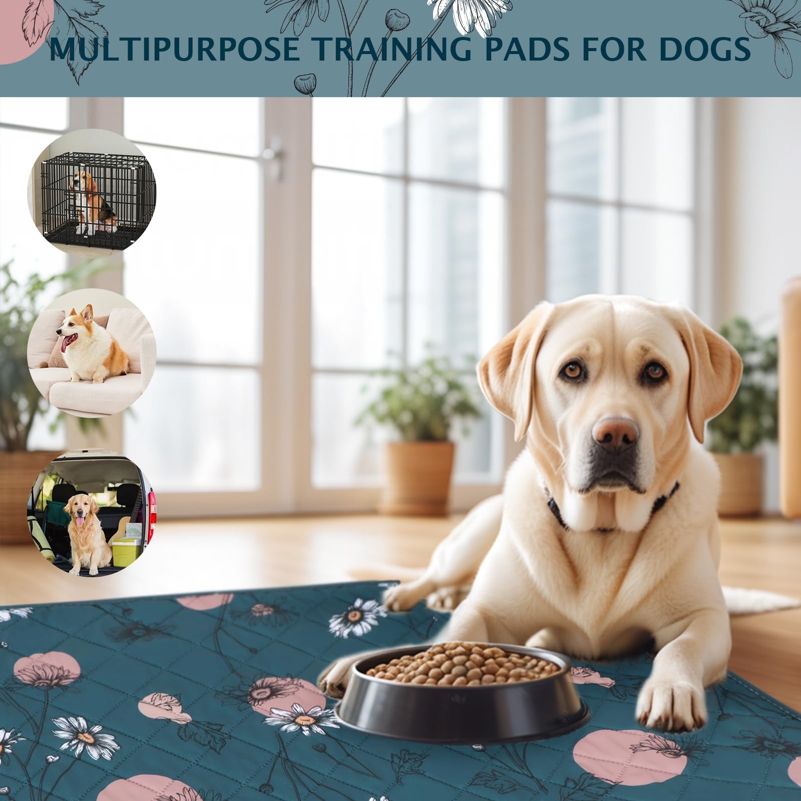 IEUUMLER Washable Pee Pads for Dogs, 2 Pack 36″X24″-2pcs, Navy Blue Daisy