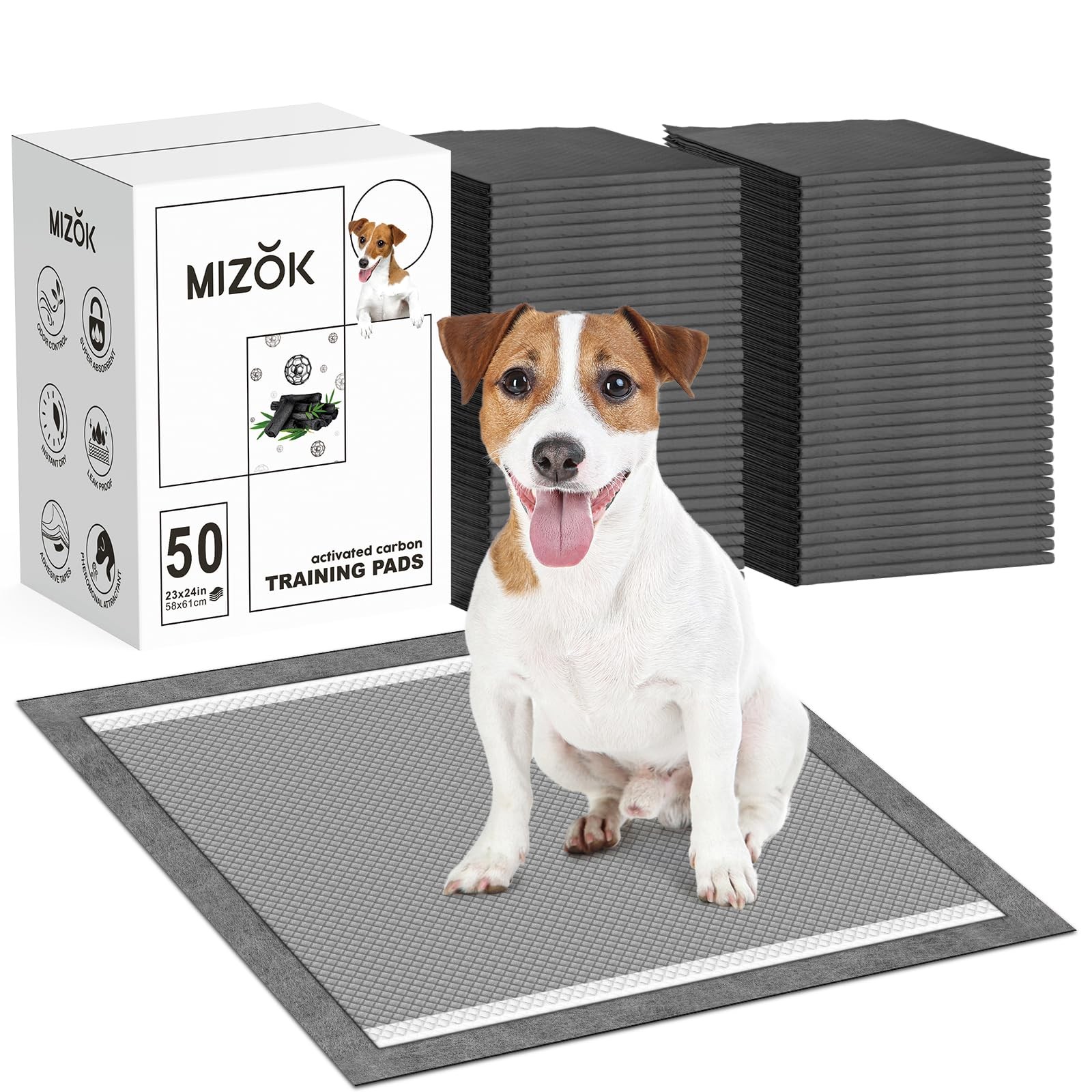 MIZOK Puppy Pads 23x24in Charcoal Dog Standard 23″x24″ 50 Count, Black