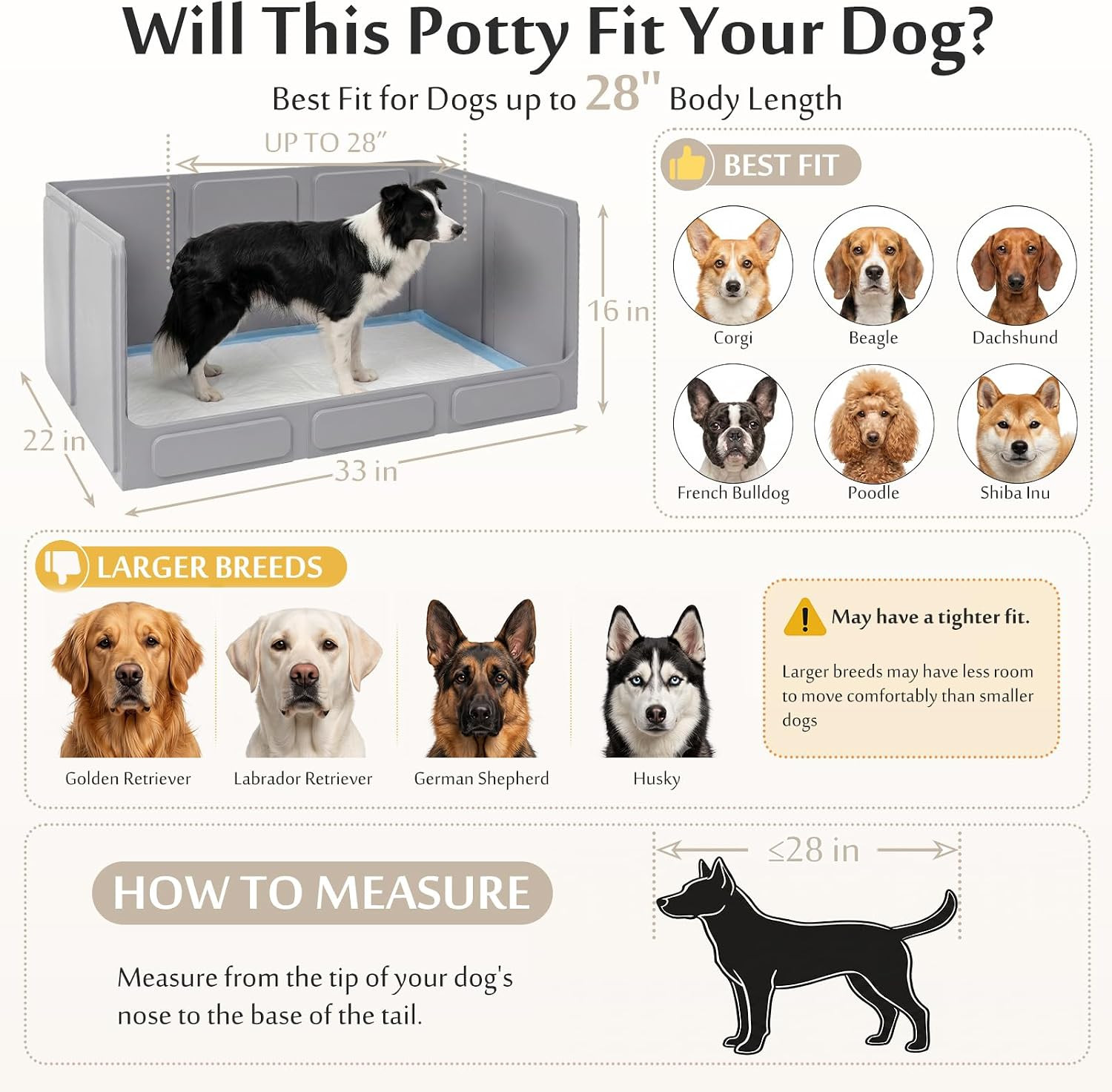 Dog Litter Box with High Walls, Foldable Pee Pad Holder, 33×22×16″ | Waterproof