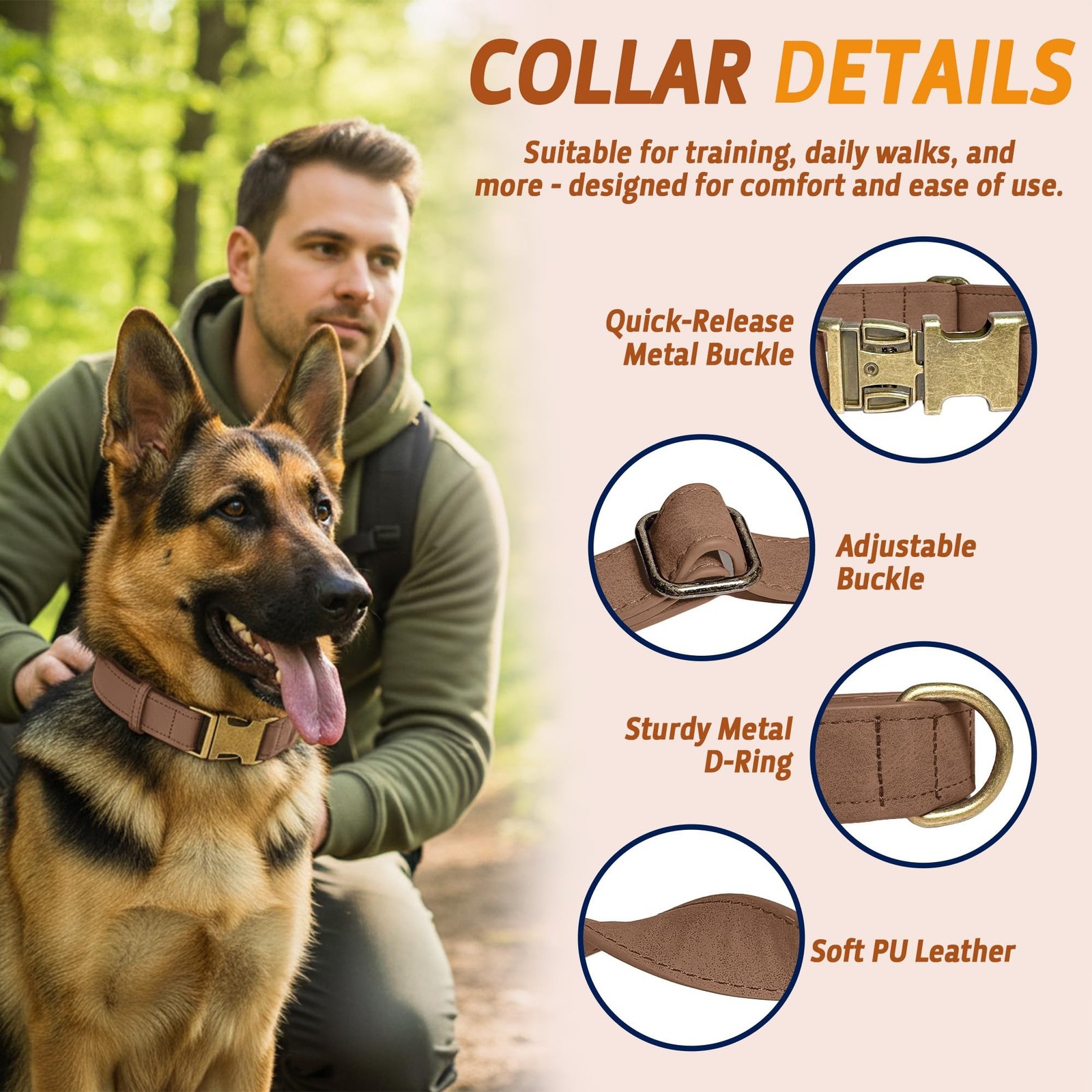 Leather Dog Collar – Durable Faux PU Leather Dog Collar for Small Medium L