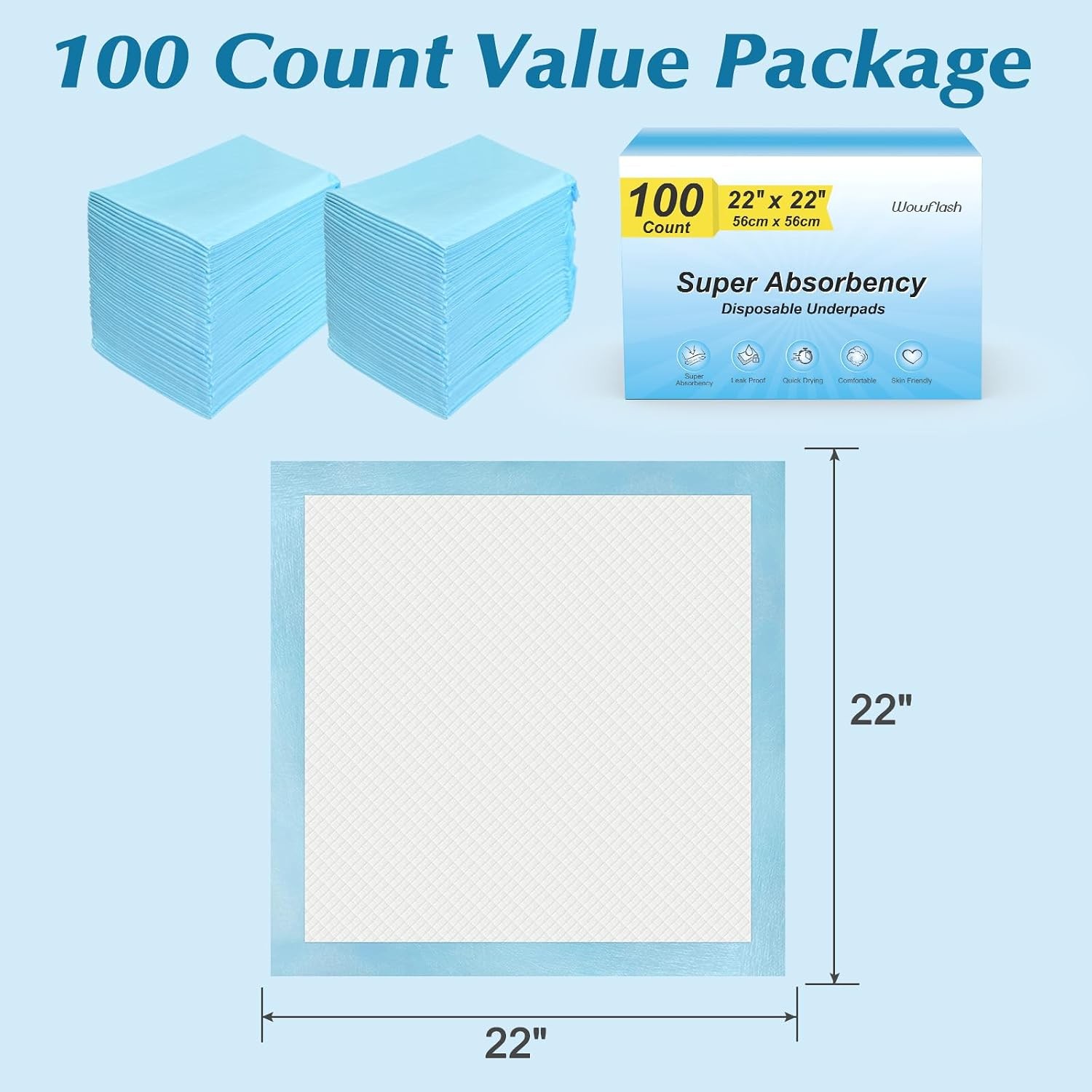 100 Count 22” x 22” Super Absorbency Disposable Underpads, Leakproof Quick