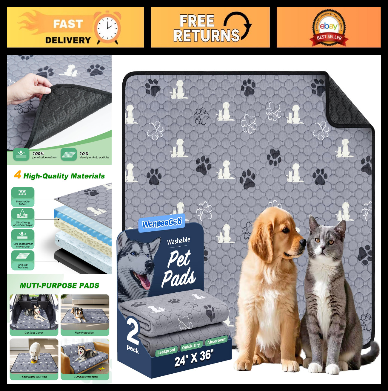 2 Pack Washable Dog Pee Pads – Absorbent Reusable Potty Mats for Puppies, Non-Sl