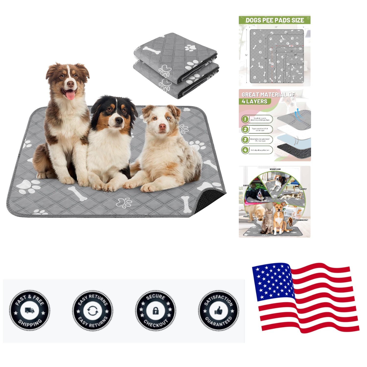 Washable Pee Pads for Dogs, 36″ x 48″ 2 Pack, Extra Large Reusable Puppy Pads…