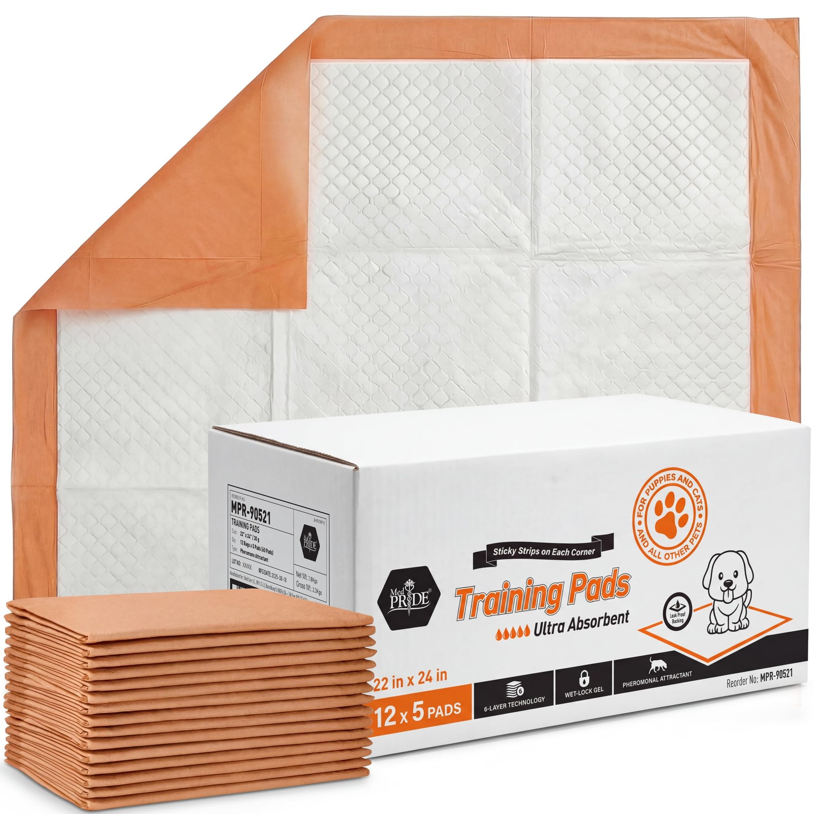MED PRIDE Dog Training Pads with Attractant, 5 Count 22 x 24 inches, Peach