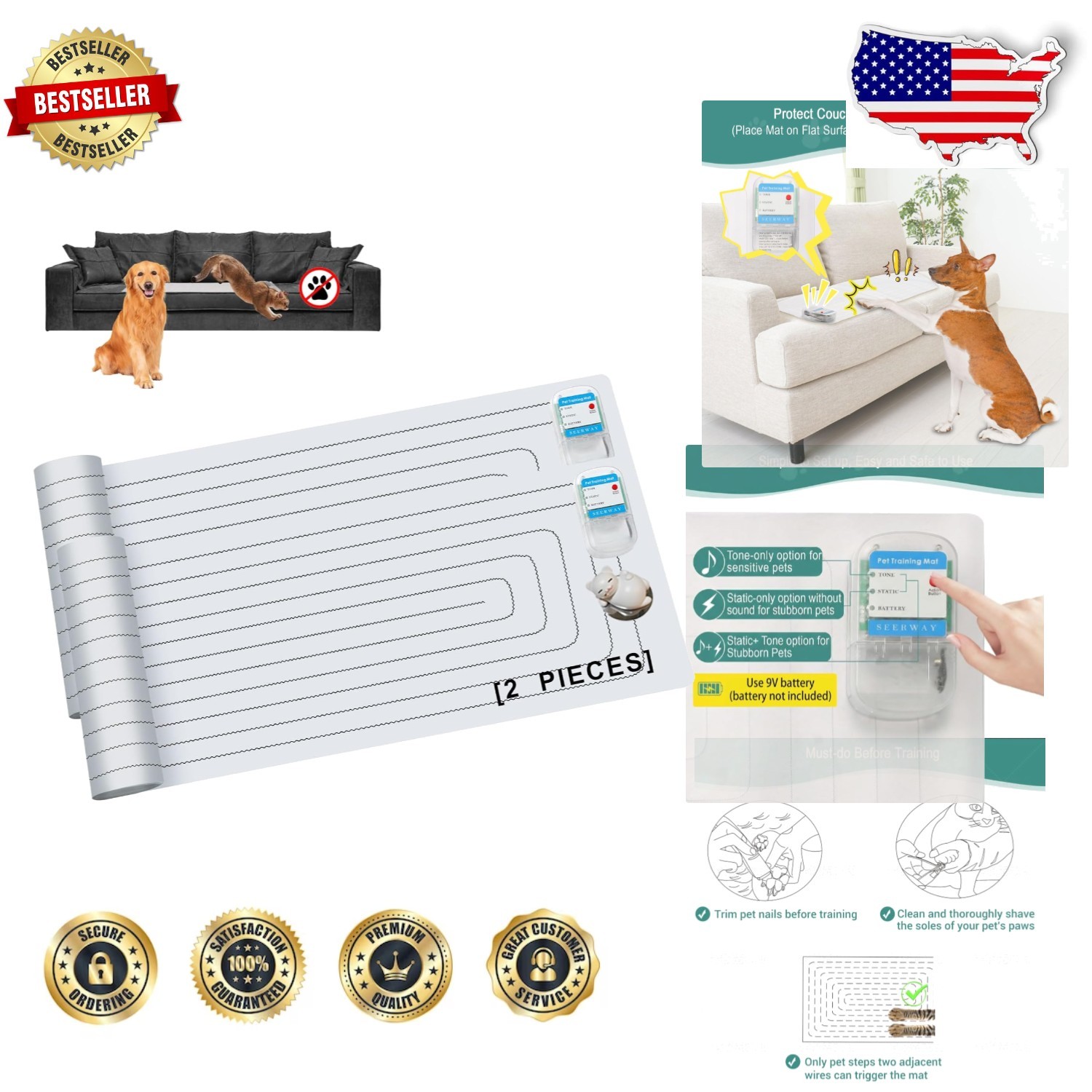 Pro Pet Shock Mat 2-Pack: Waterproof Deterrent, 3 Training Modes, Safe Electr…