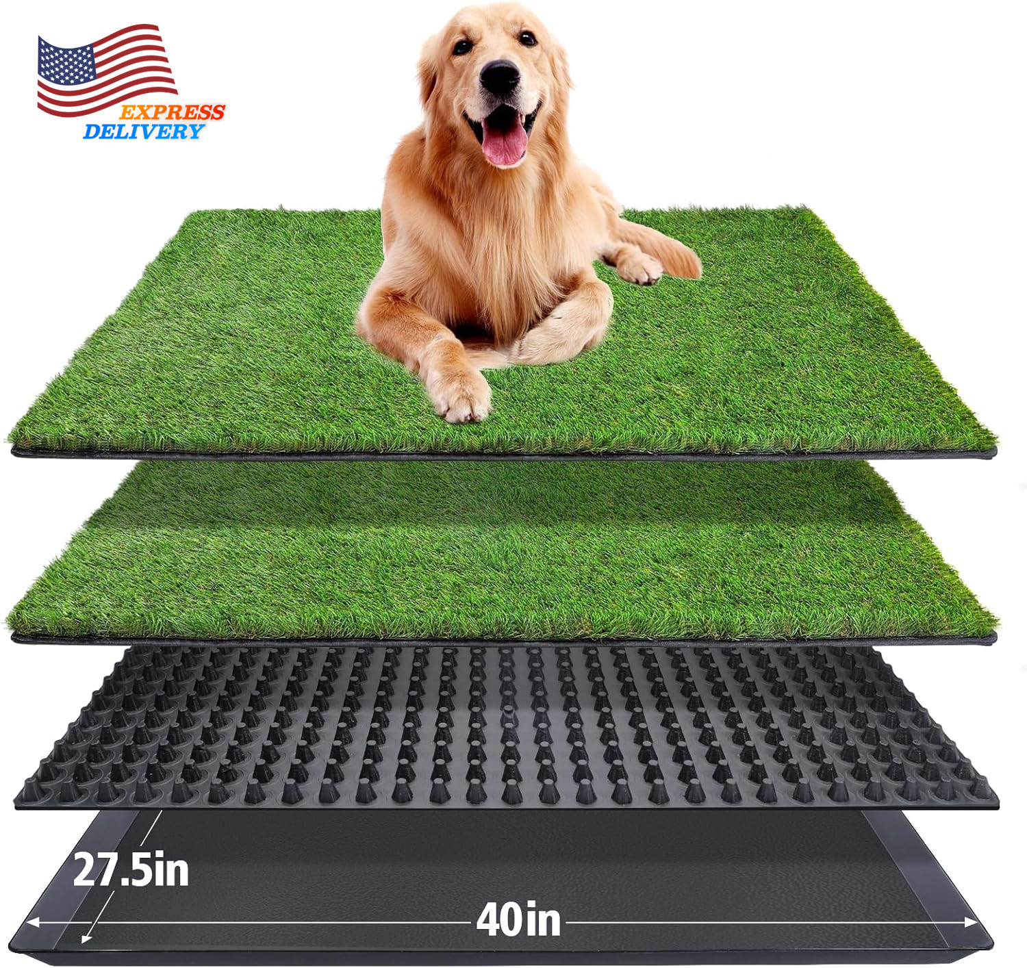 Dog Grass Pad W/Tray 40” X 27.5” Large Artificial Turf 3-Layer Potty Grass Pad