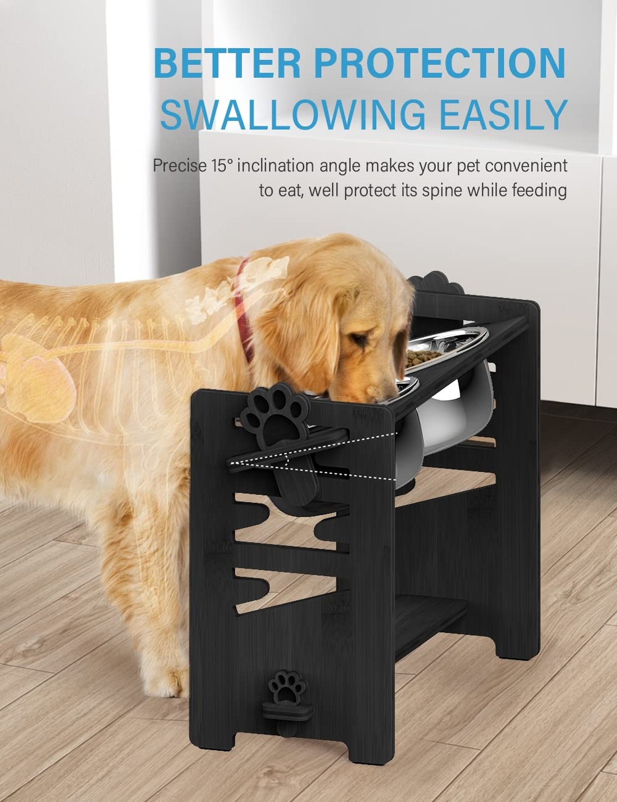 Elevated Dog Bowls, Raised Bowl Stand Adjustable Large/XLarge, Black | Bamboo…