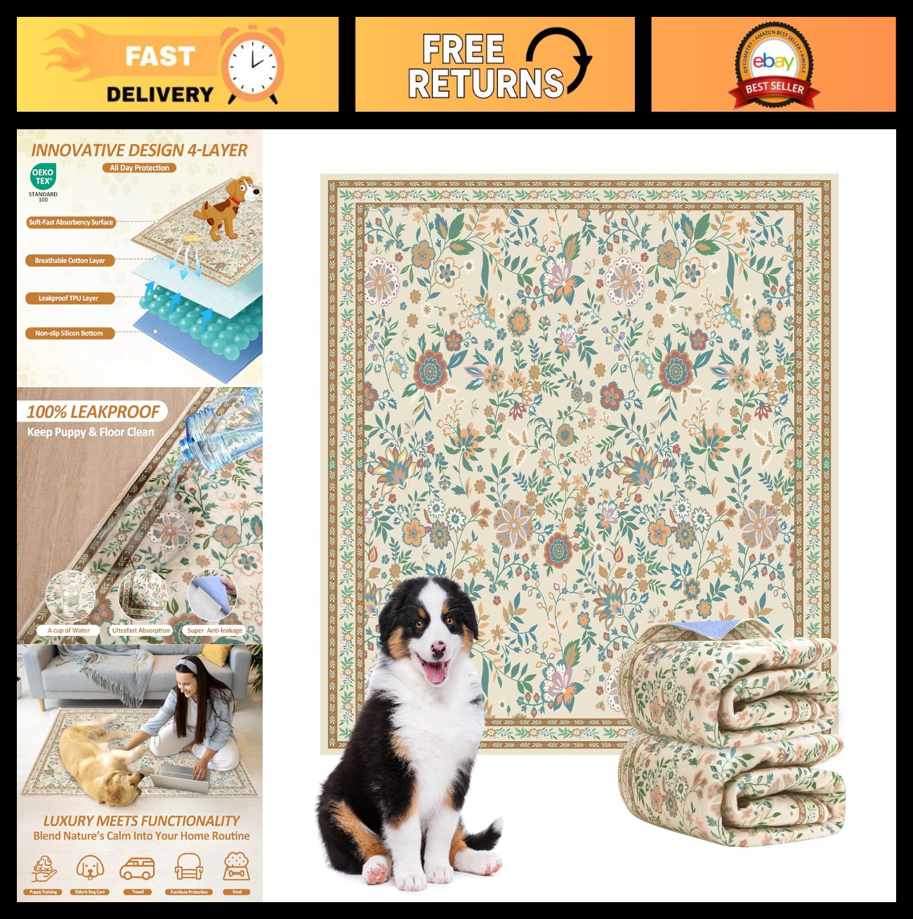 “Super Absorbent Washable Dog Pee Pads – 2 Pack Reusable Puppy Training Mats, 36