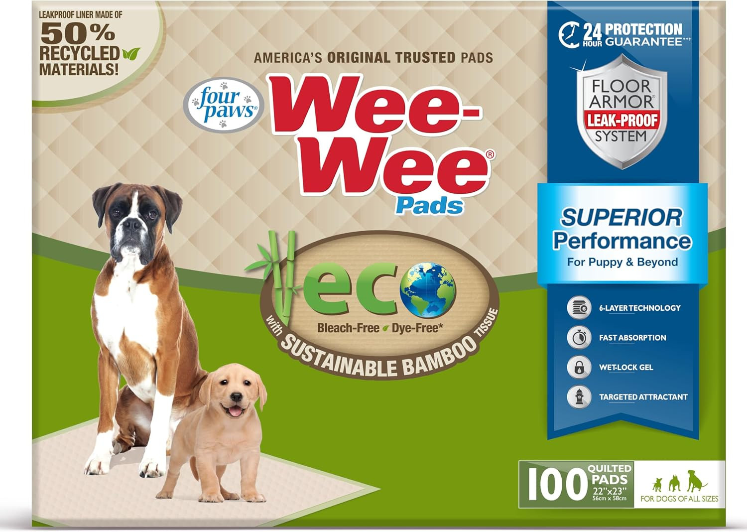 Four Paws Wee-Wee Superior Performance Bamboo Pee Pads for Dogs, Earth Friendly