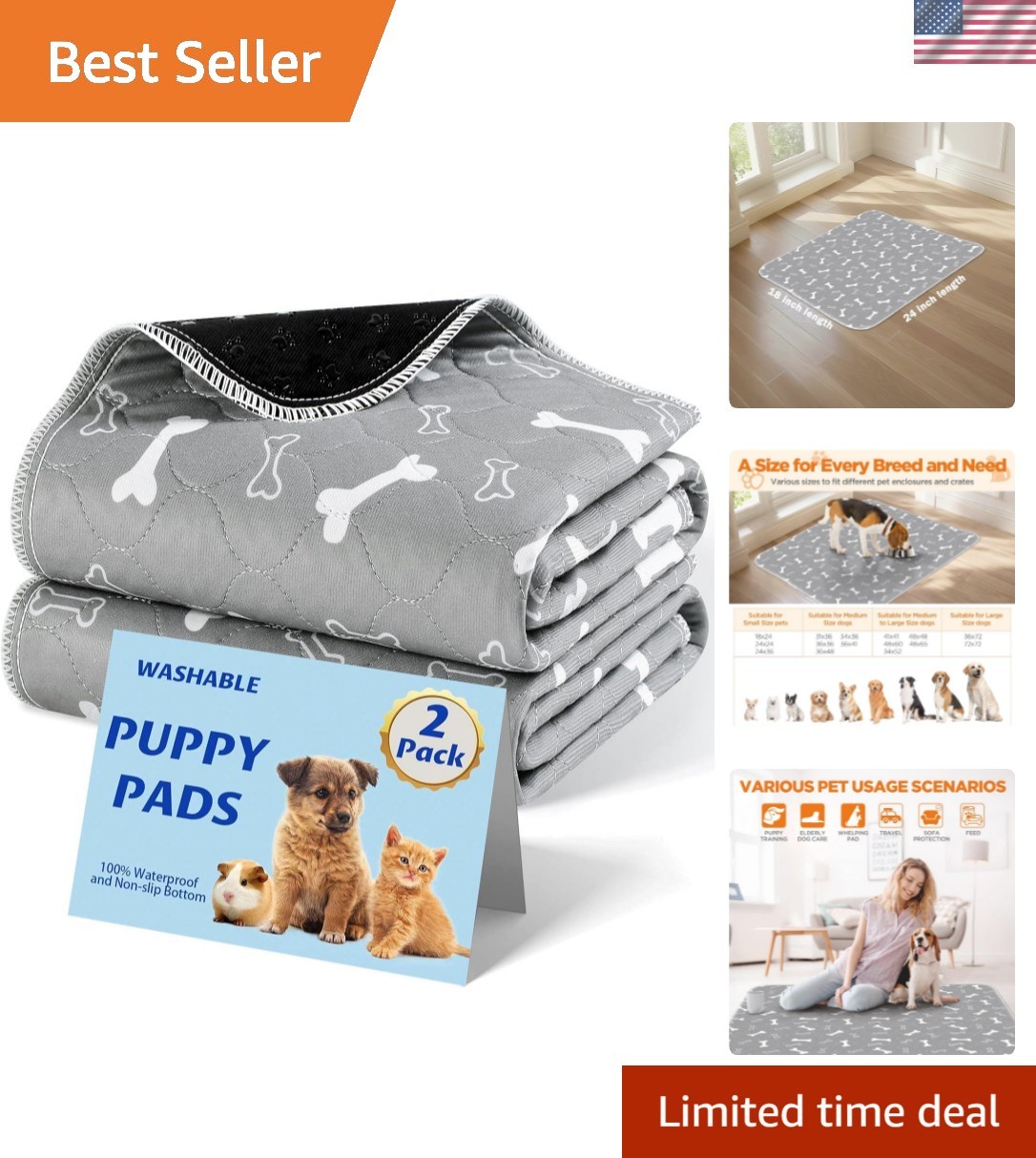 Fast Absorbent Cotton Dog Training Pads – Reusable & Waterproof, 18×24 Pack of 2