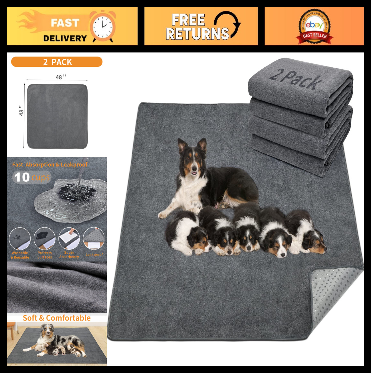 Extra Large Reusable Dog Mat – Non-Slip Washable Pee Pad, 48x48in, Fast Absorben