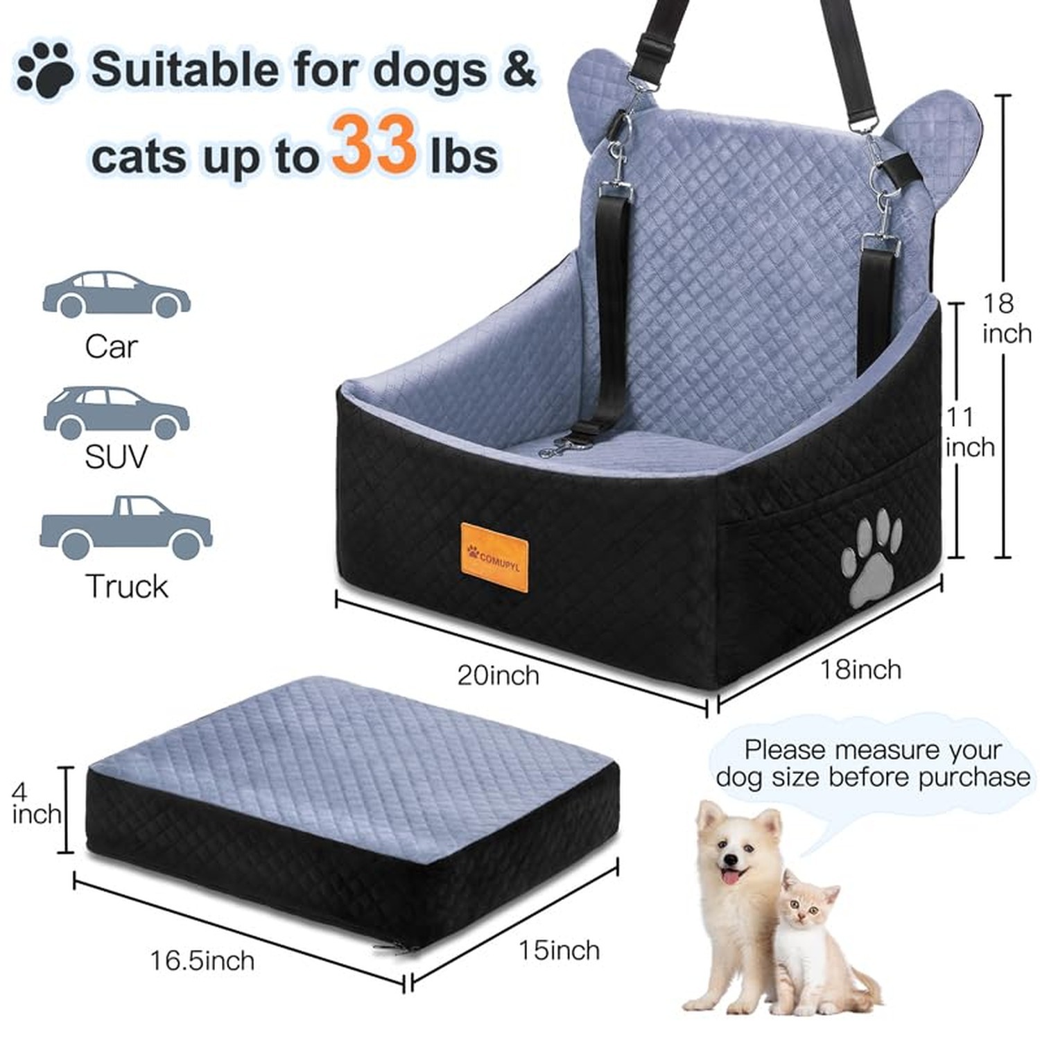 Dog Car Seats for Small/Medium Dogs up to 33lbs(Grey Black). | Washable, Wate…