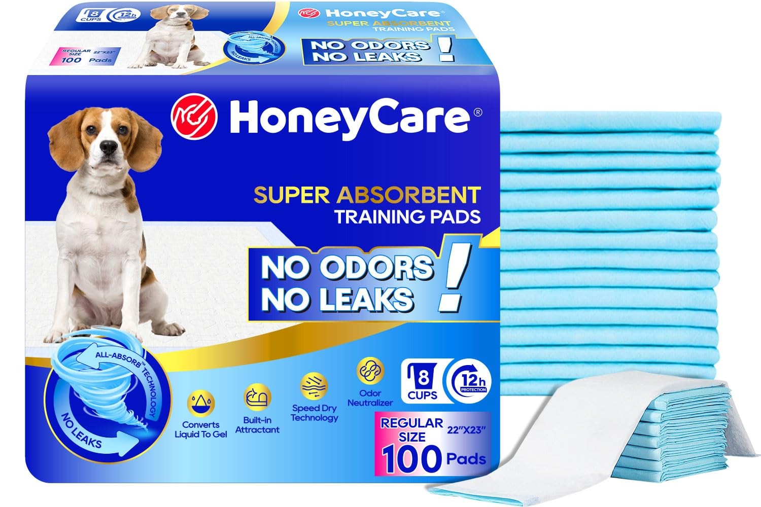HONEY CARE All-Absorb, Large 22 x 23, 100 Count, Dog and Puppy Training Pads,