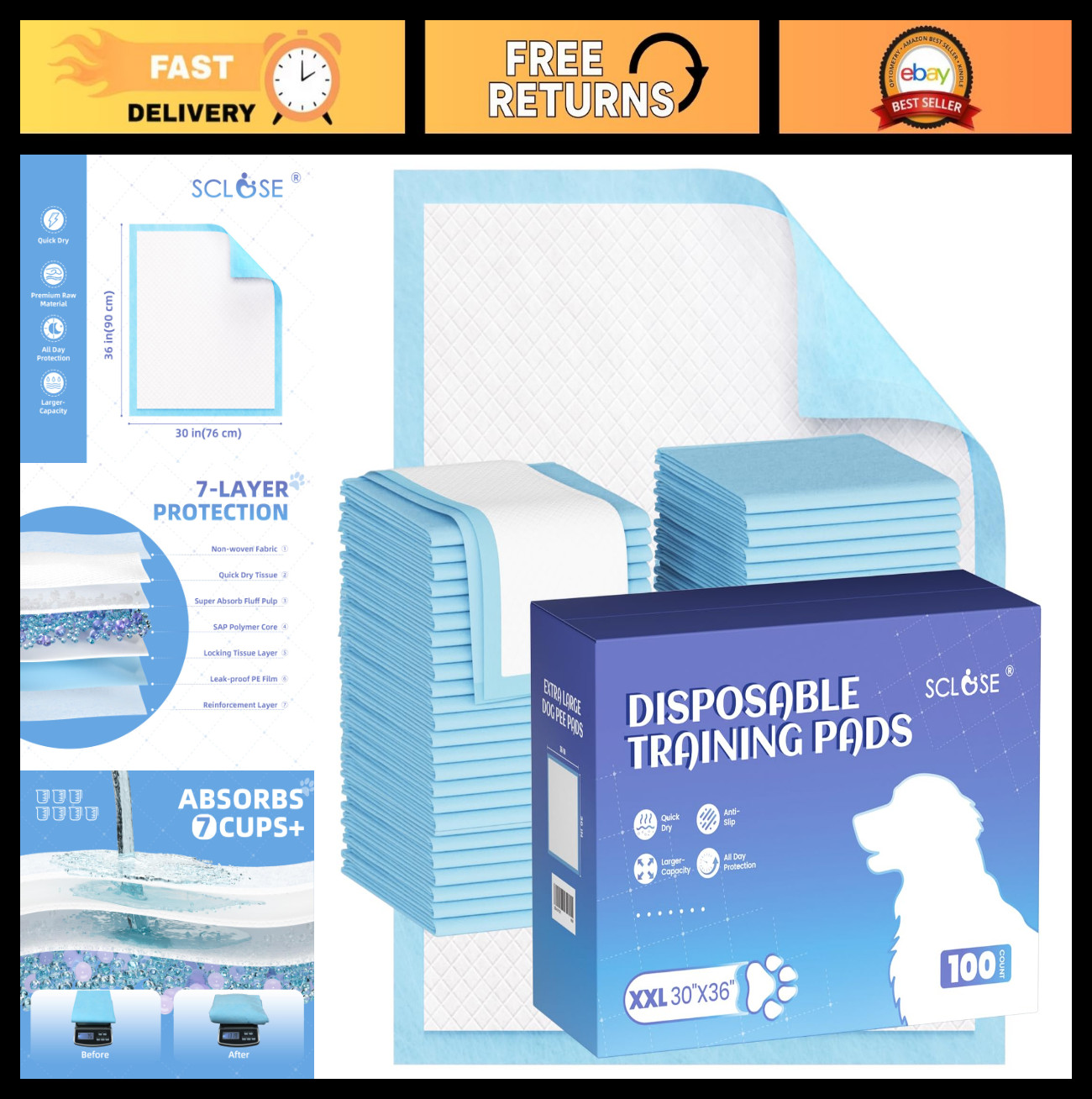 Extra Large Dog Pee Pads 100 Pack – 30″x36″, Super Absorbent, Leak-Proof, Dispos