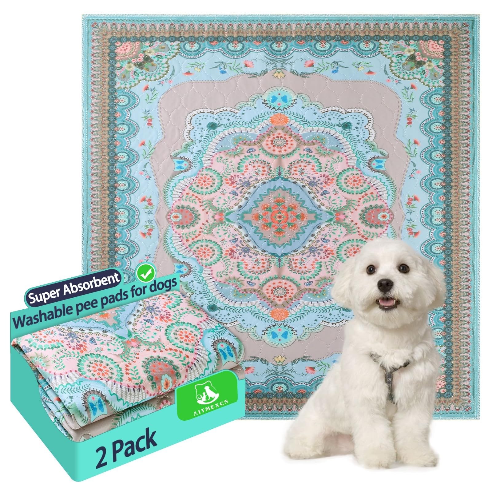 Reusable Pee Pads for Dogs Puppy Pet Training, Super Absorbent, Pee, 24×24″ 2 Pc