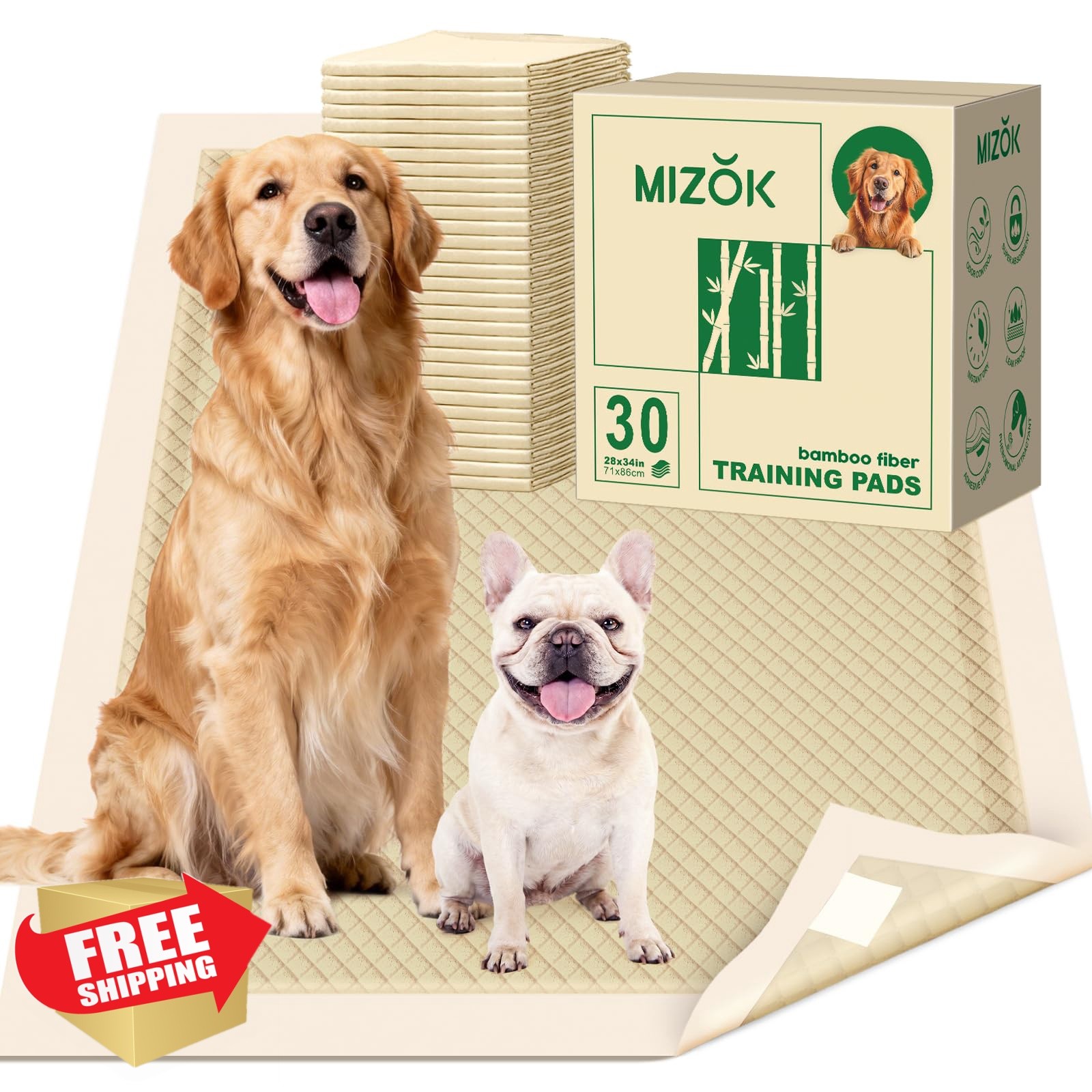MIZOK XL Dog Pee Pads 28×34 Bamboo 30 Count