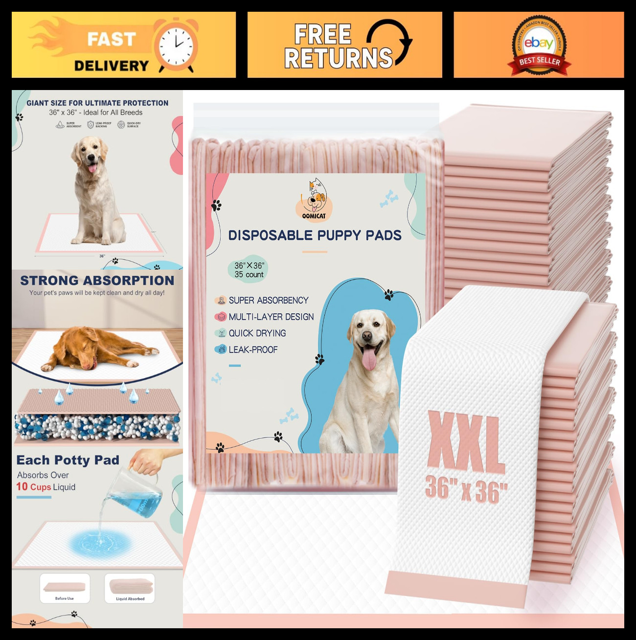 Extra Large 36″x36″ Pink Dog Pee Pads – 6-Layer Absorbent & Leak-Proof, 35 Count