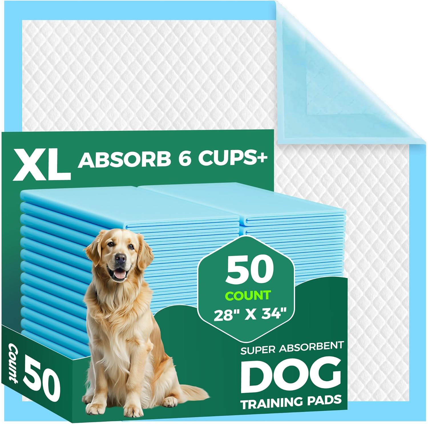 50 Count Dog Pee Pads Extra Large- 28″ X 34″, Super Absorbent Leak-Proof XL Pupp