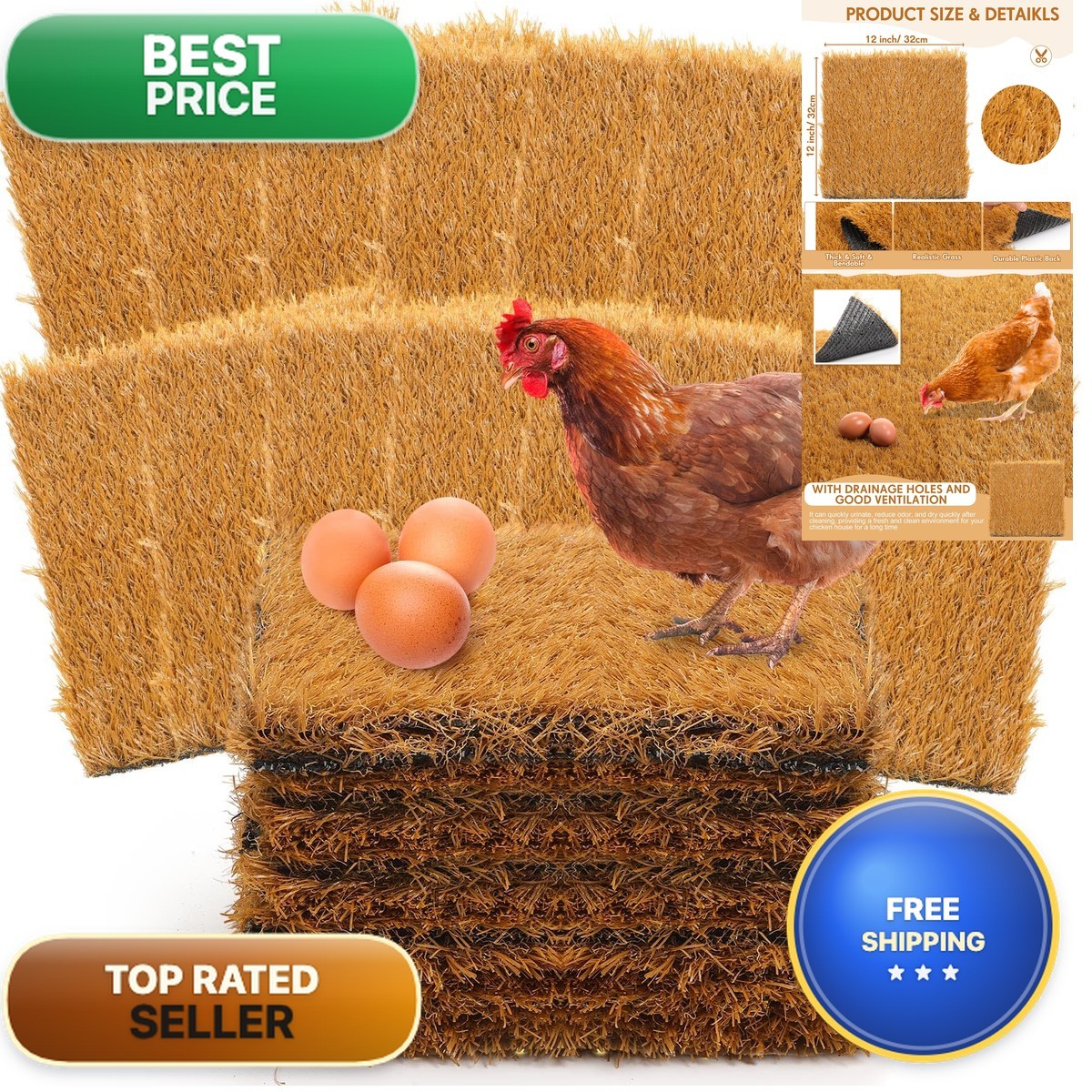 Teenyyou 24 Pack 13x13x1.18in Chicken Nesting Pads Washable Synthetic Turf