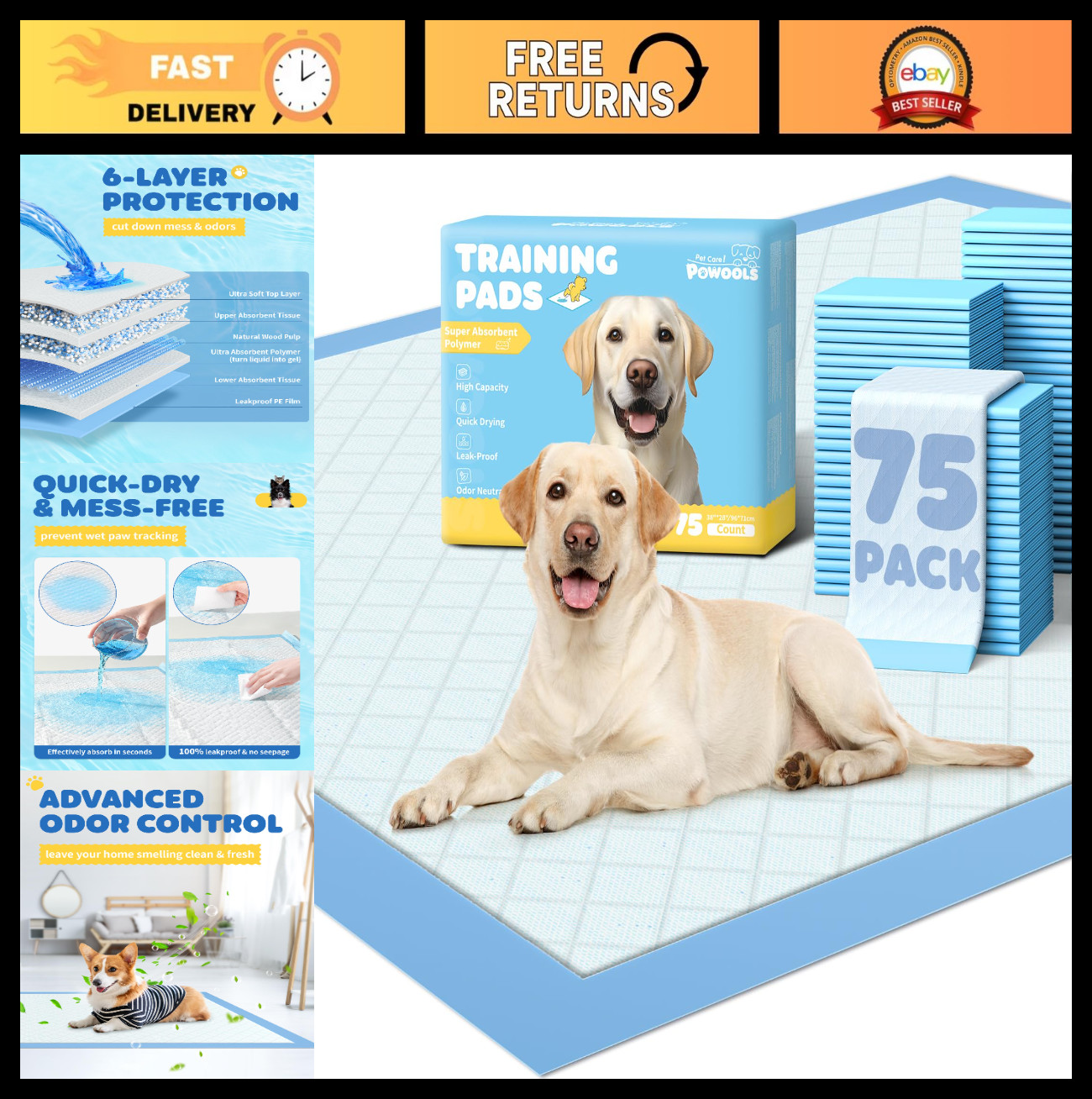 XX-Large Puppy Pads 75-Pack – 38″x28″ Leak-Proof Quick-Dry Dog Training Pads