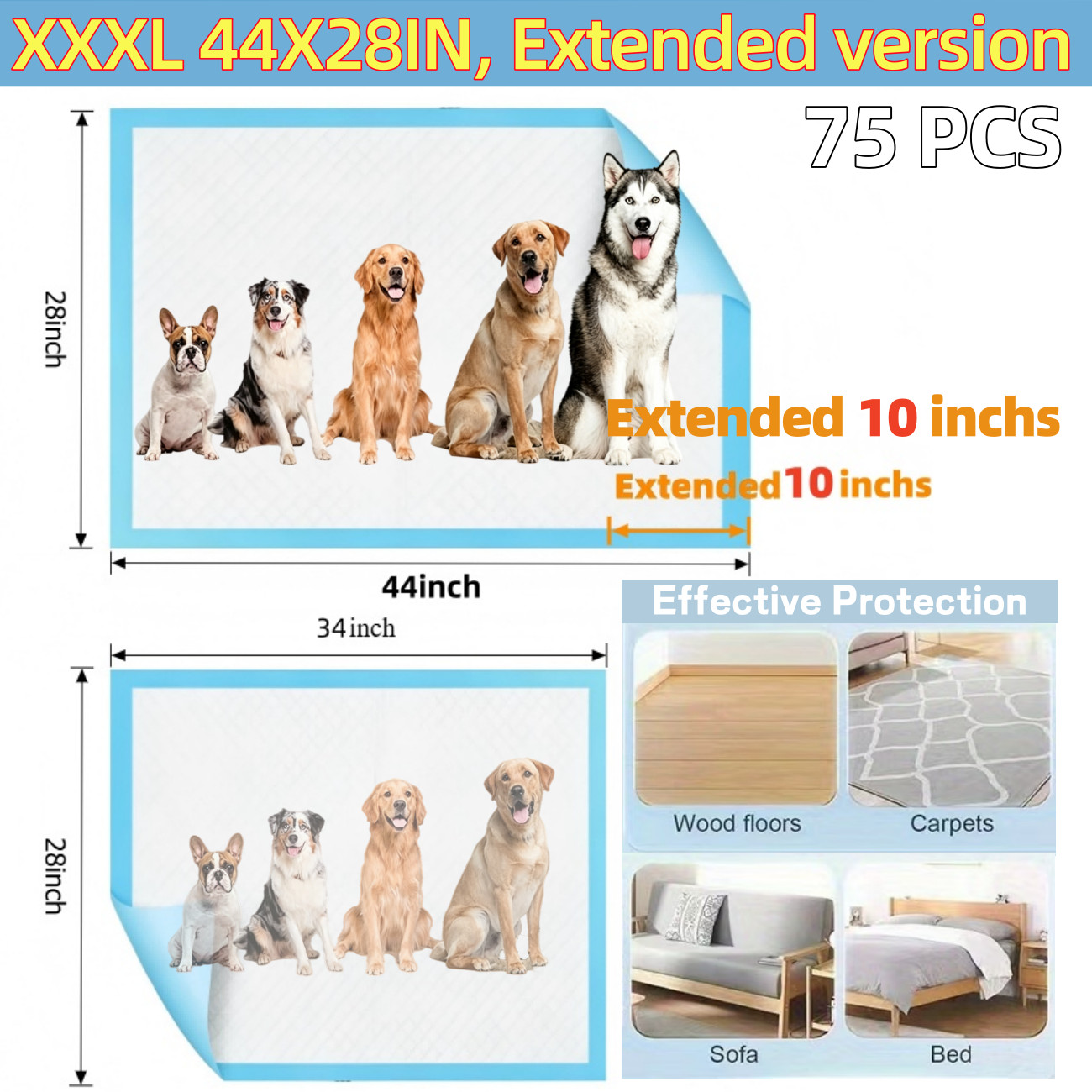 75pcs XXXL 44 X28 Thickened Super Absorbent Leak-Proof Puppy Training Pads
