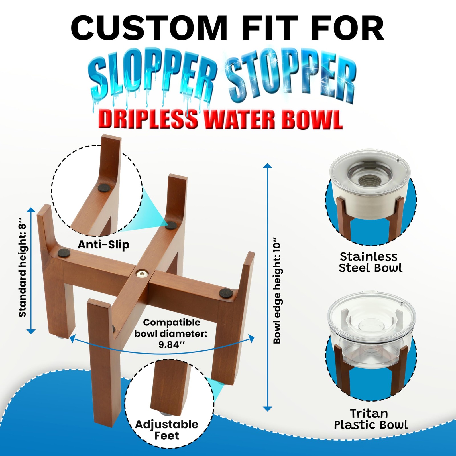 Slopper Stopper Elevated Single Wooden Dog Bowl Stand – Easy 8 Inch, Brown