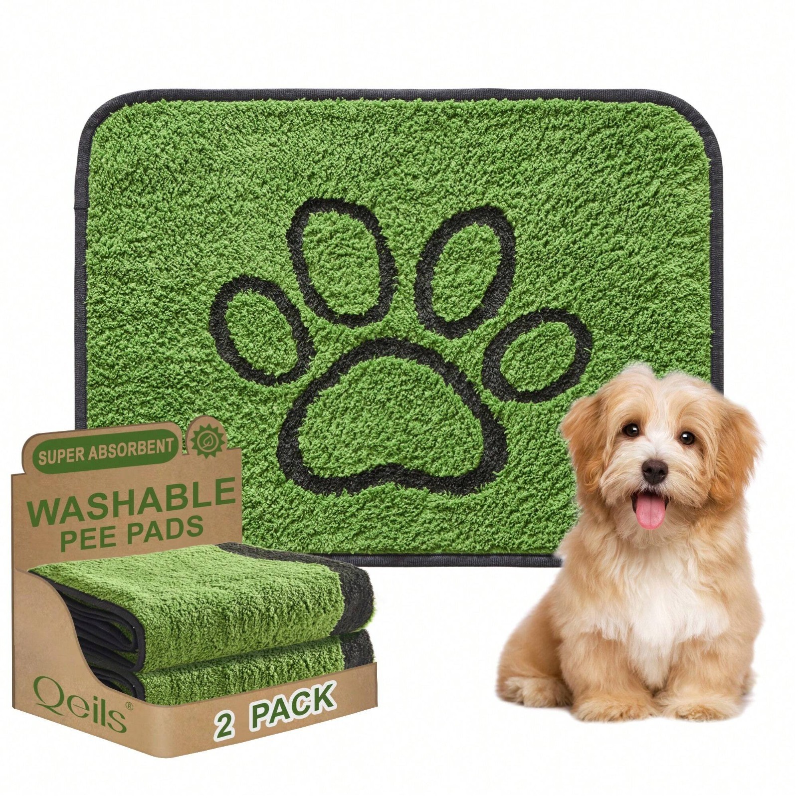 Washable Pee Pads for Dogs, 2 Pack Reusable Puppy Pads, Green Long Wool