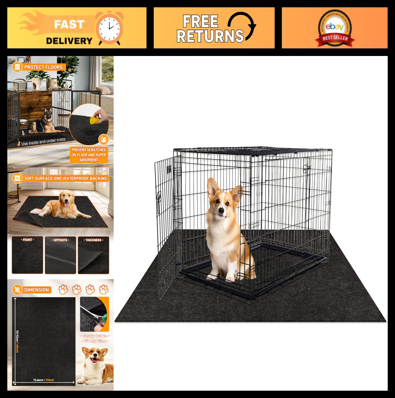 Dog Crate Pad Liner 29″x48″ Waterproof Non-Slip Washable Pet Cage Mat – Charcoal