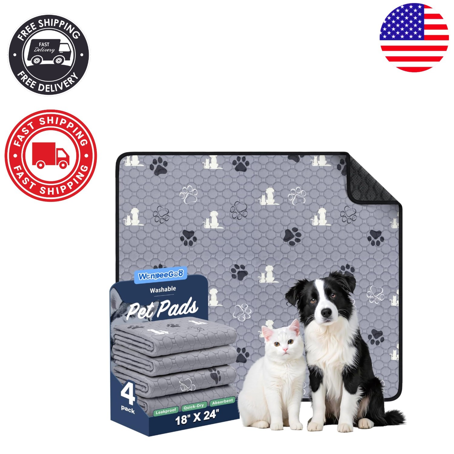 Reusable Leakproof Pee Pads for Dogs – 4 Pack Grey 18″x24″ Non-Slip Design