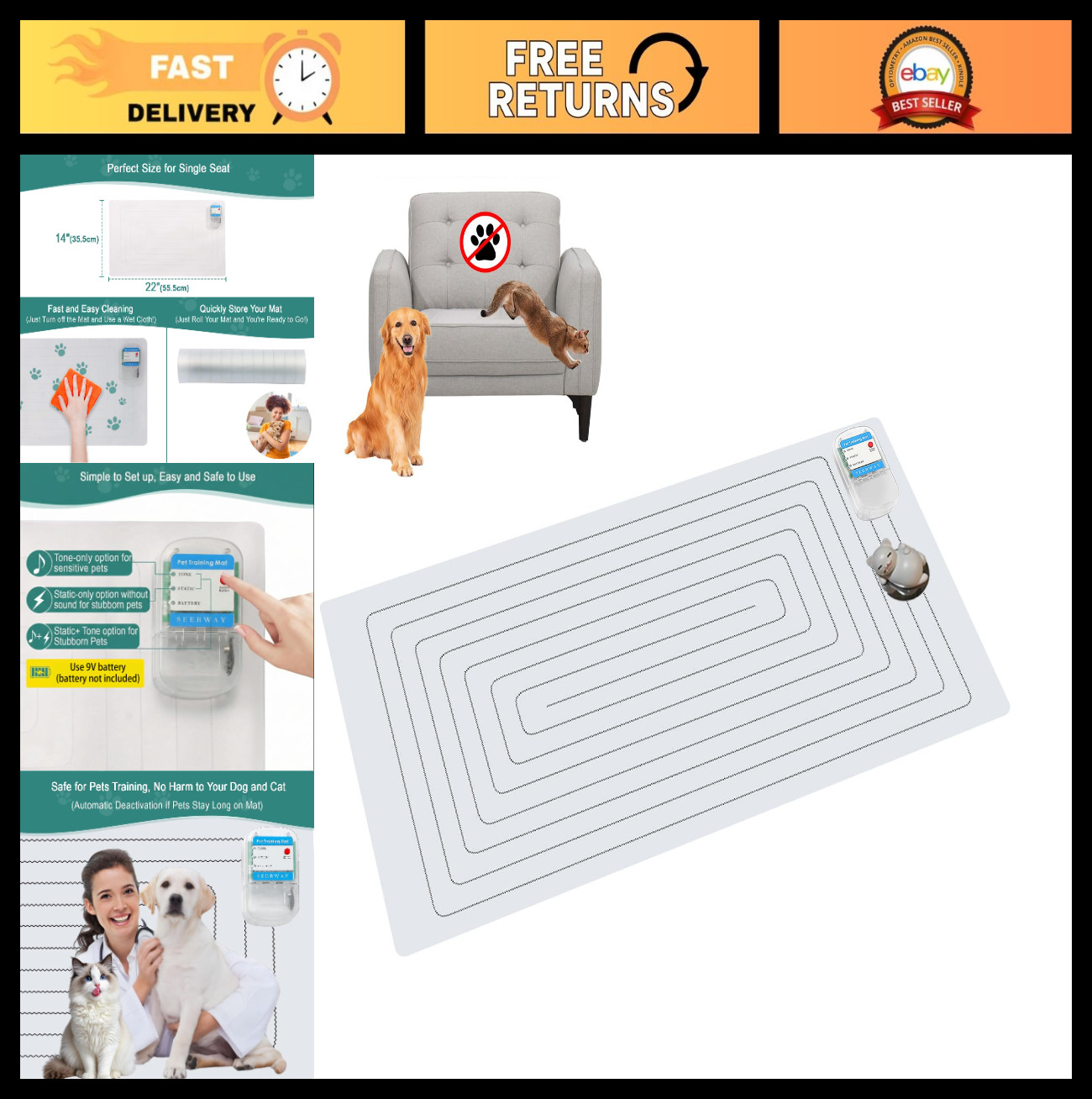 Electronic Pet Training Mat – Scat Mat for Dogs & Cats, 3 Modes, Battery Operate