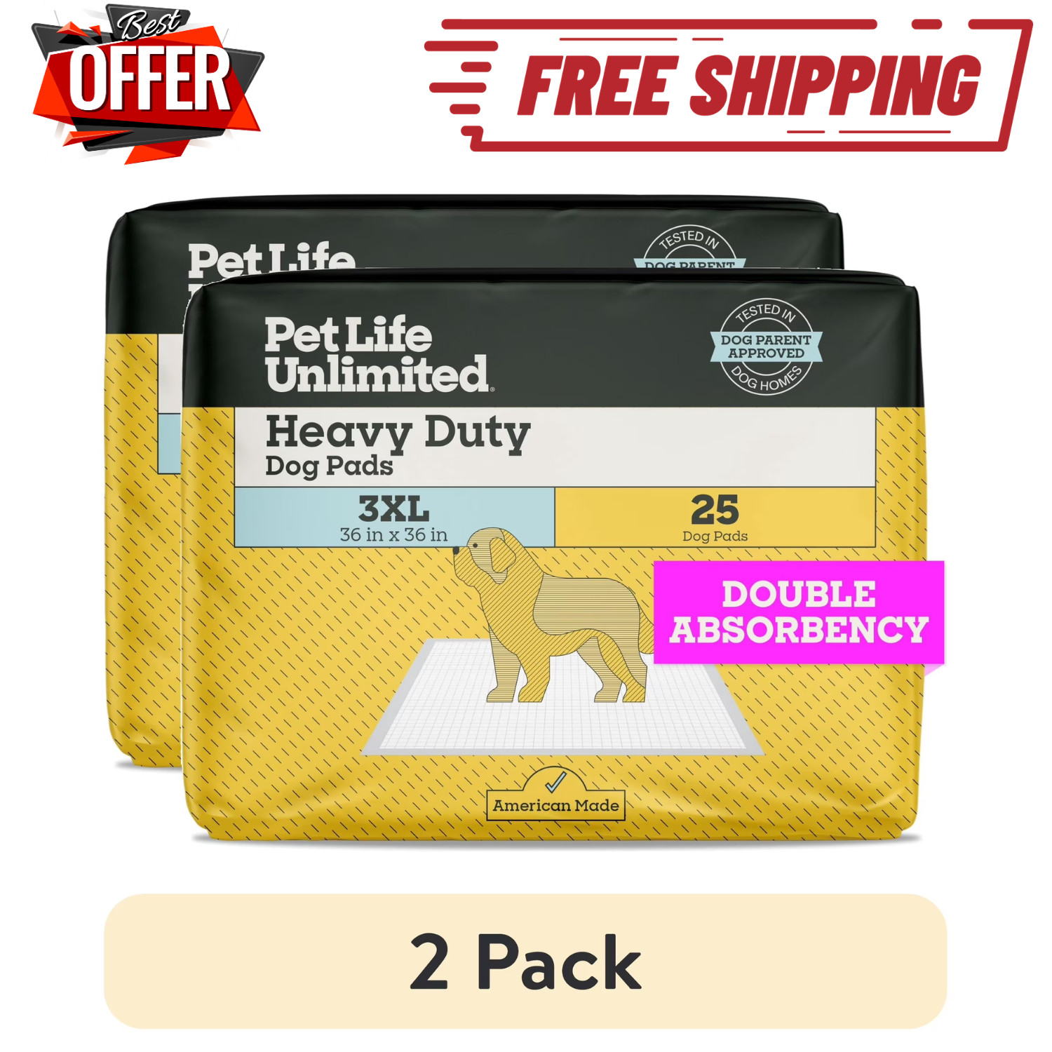 2 Pack Pet Life Unlimited Dog Pads 3XL 36×36 25Ct Heavy Duty Leak Proof Training