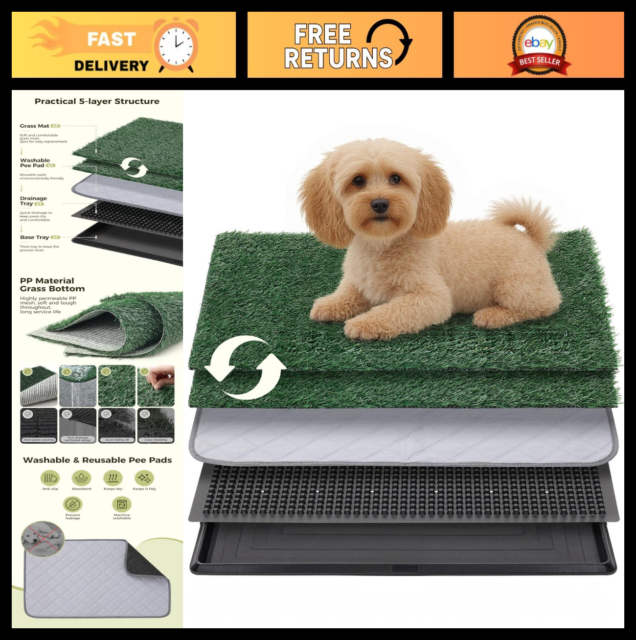 Indoor Dog Grass Pad with Tray, 16″x20″, Washable Potty Solution, Less Odor, 2pc