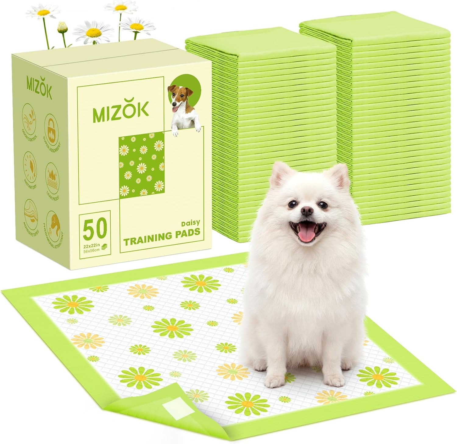 Puppy Pads 22″X22″, Dog Pee Pads 6-Layer Super Absorbent & Leak-Proof, Daisy Pat
