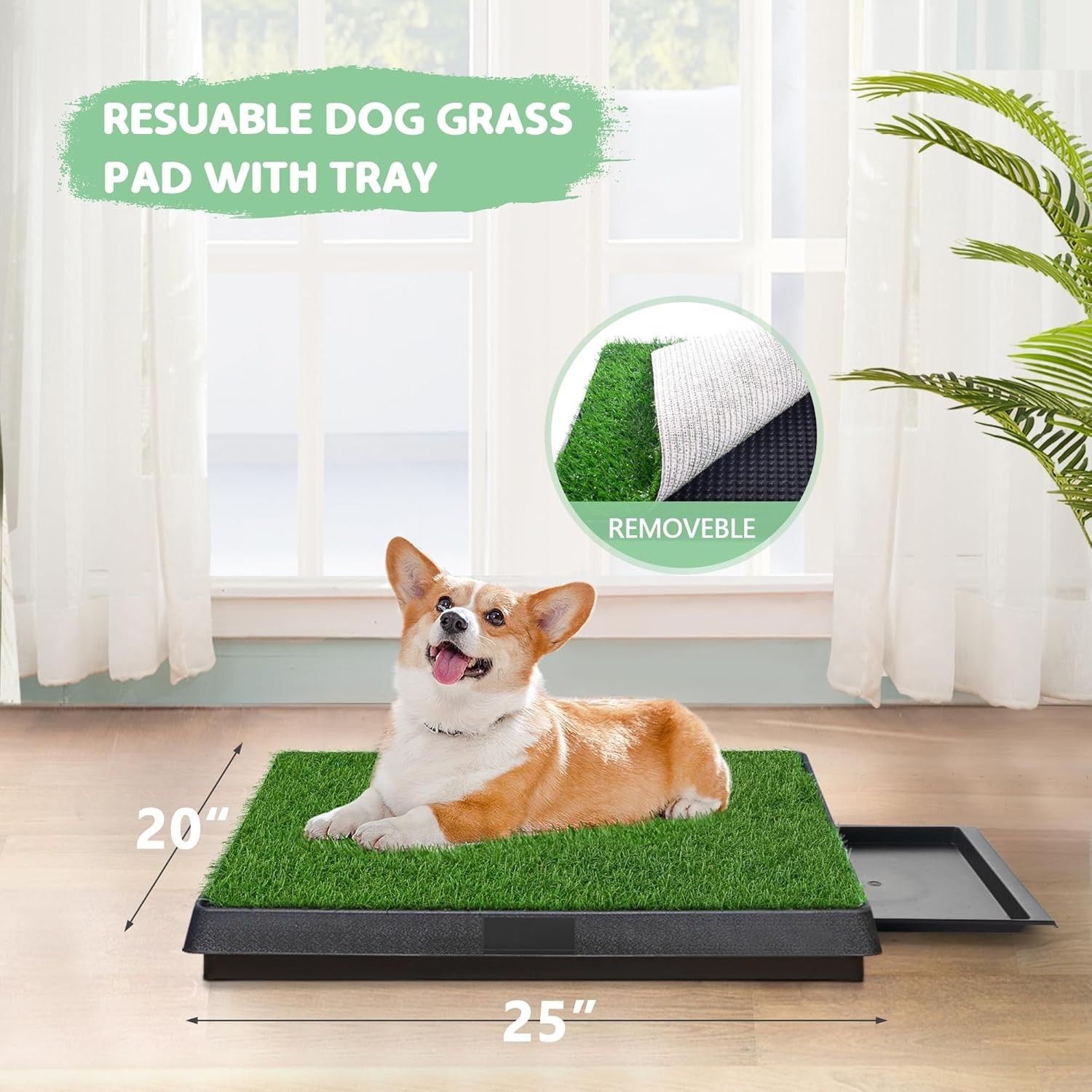 Dog Grass Pad With Tray, 25″ x 20″ Potty for Puppy Training, Reusable Artificial