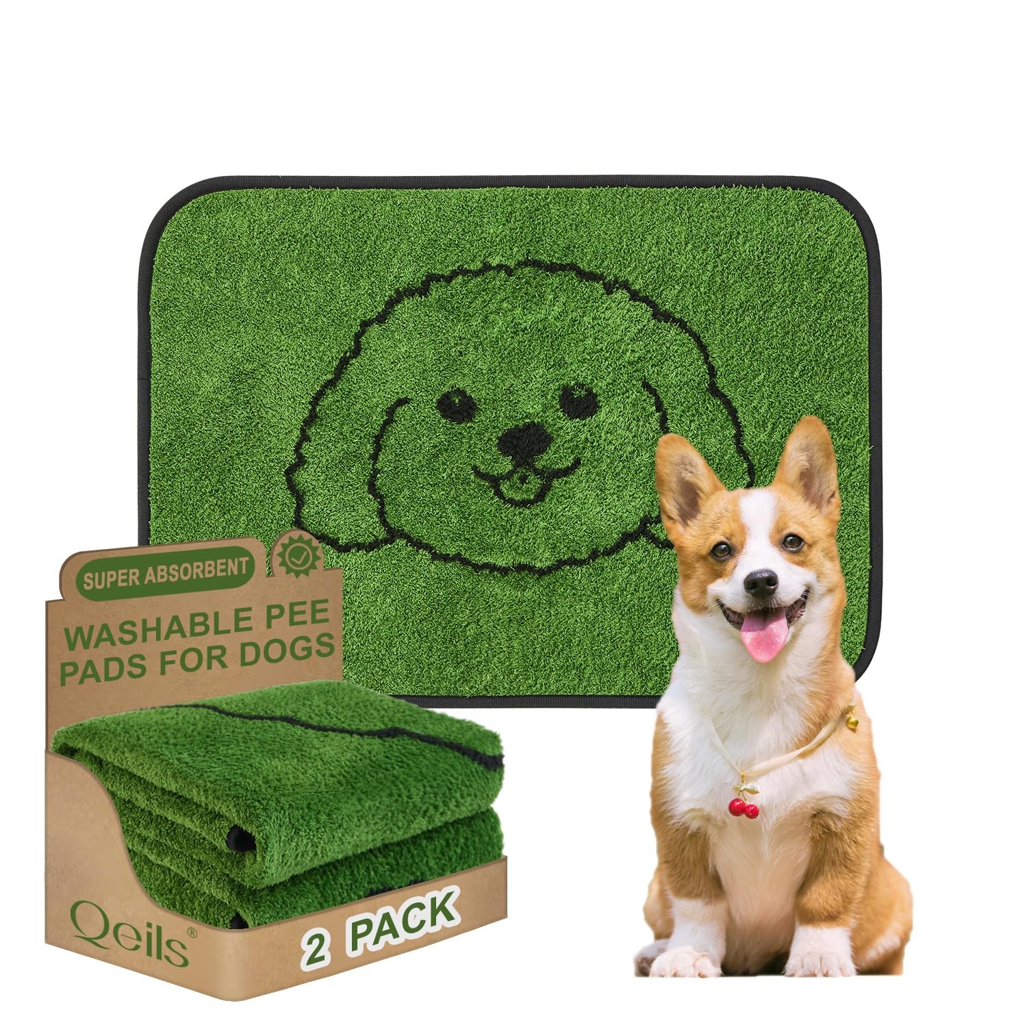 Qeils Reusable Puppy Pads, Washable Pee Pads 18″x24″(Pack of 2), Dog Green