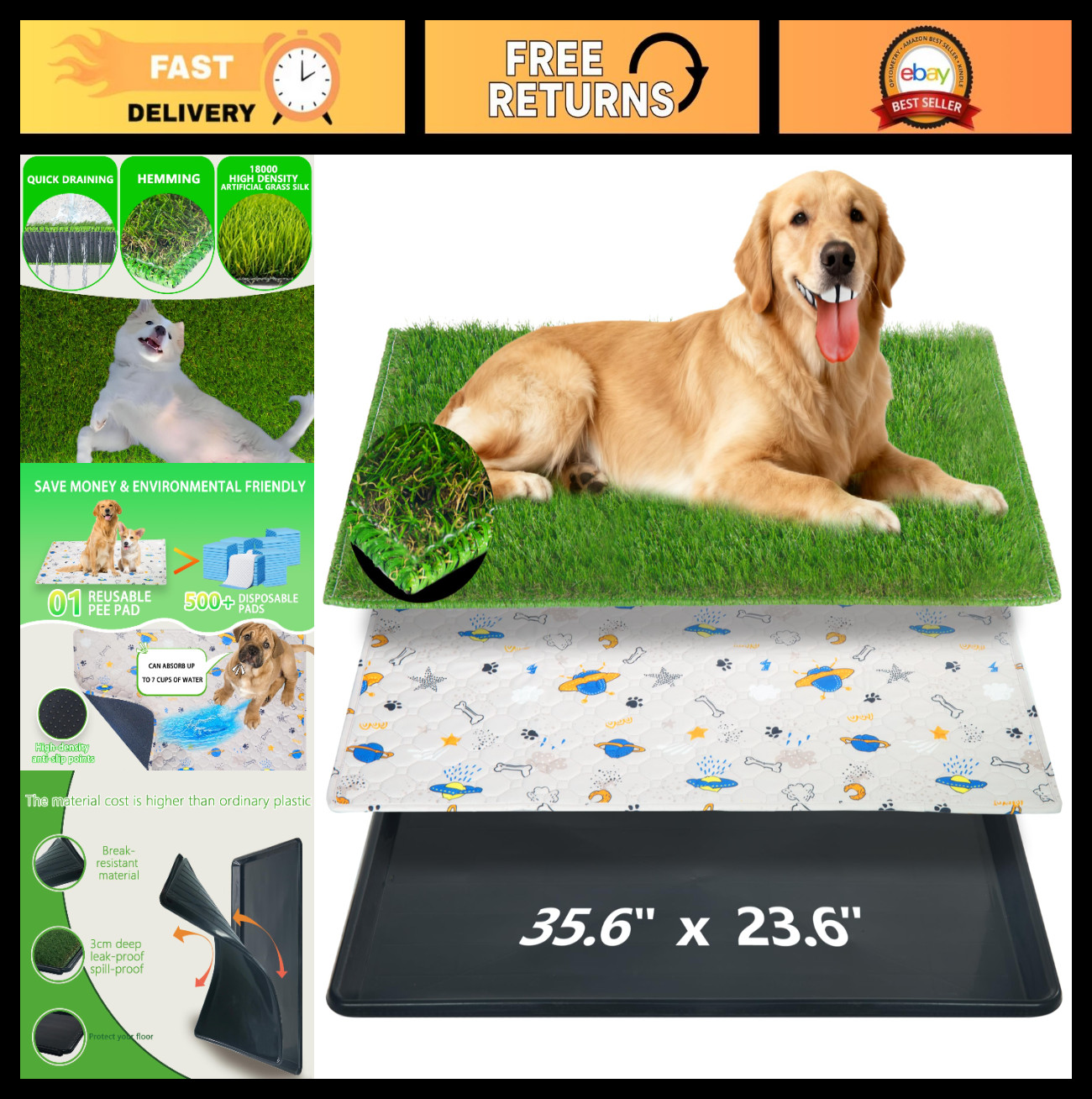 Portable Reusable Dog Loo System – Large 35x23in Turf & Pee Pads for Potty Train