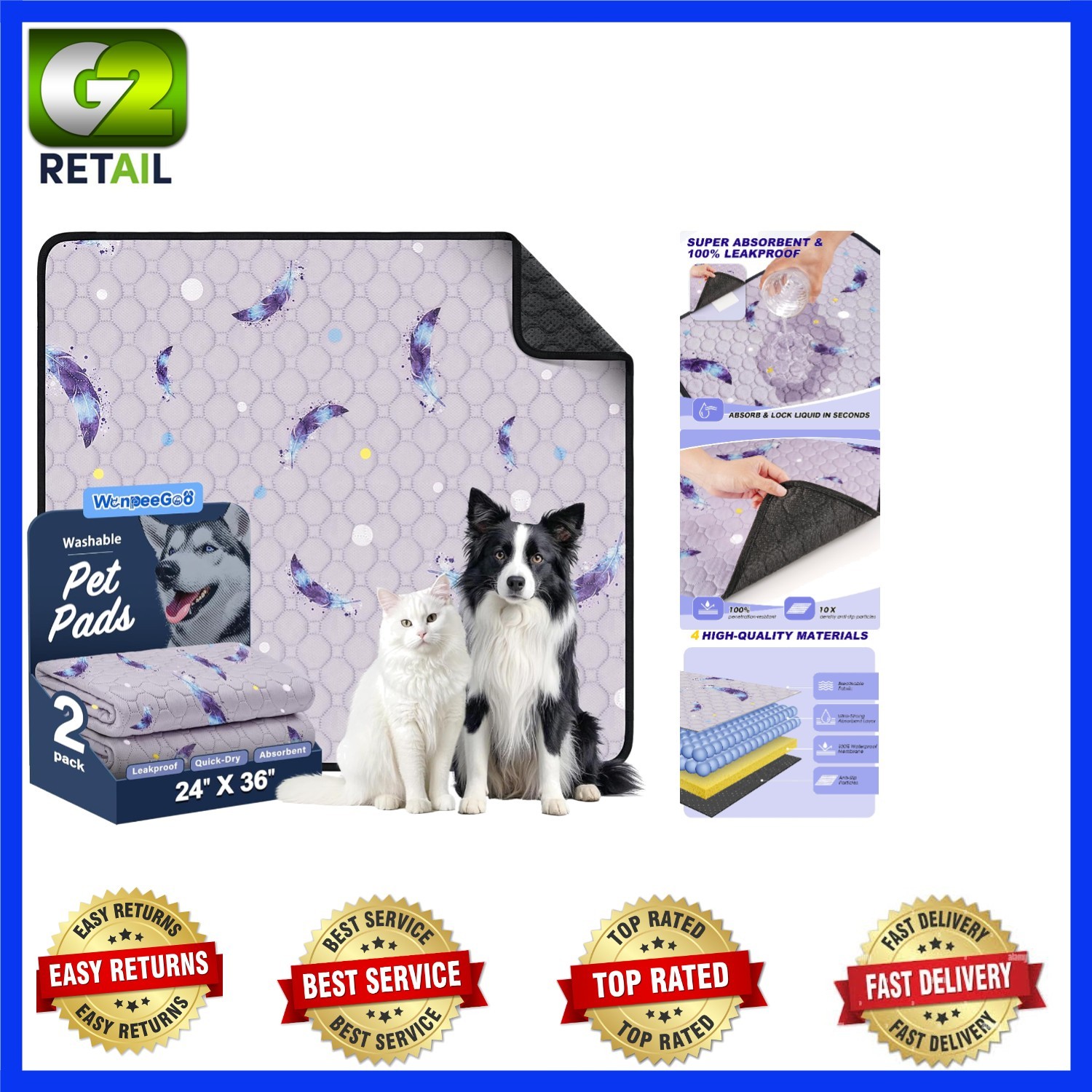 Washable Pee Pads for Dogs, 2Pack Reusable Puppy Pads, Super Absorbent & Leakpro