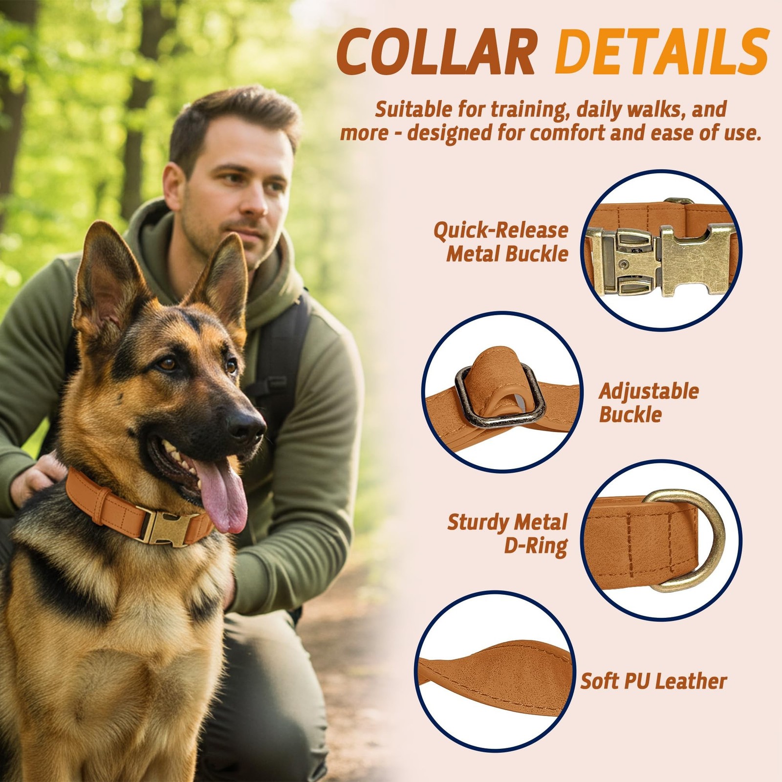 Leather Dog Collar – Durable Faux PU Leather Dog Collar for Small Medium L