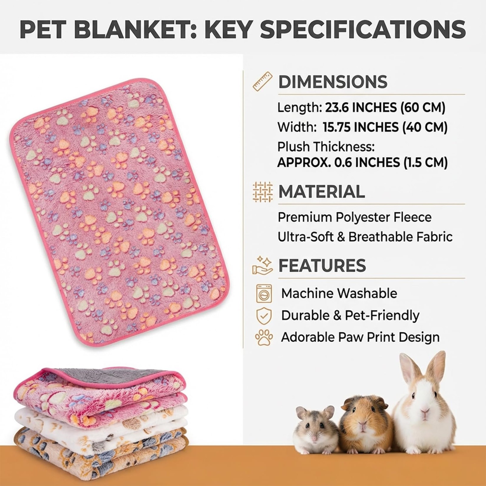 RAINFLOW Guinea Pig Fleece Blanket 3PCS Waterproof 23.6 x 15.7 inches, Pink