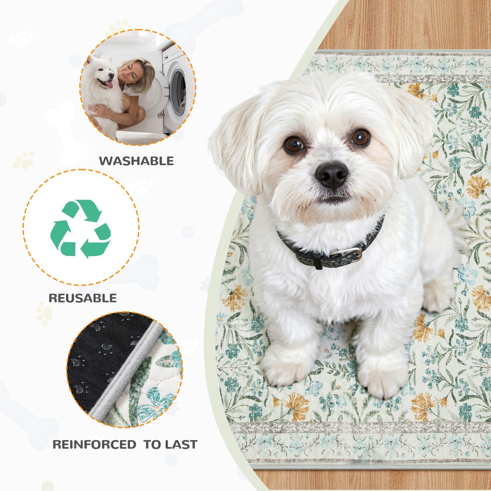 Washable Reusable Pee Pads for Dogs – Beige Botanical Floral 2 Pack Puppy Pad…