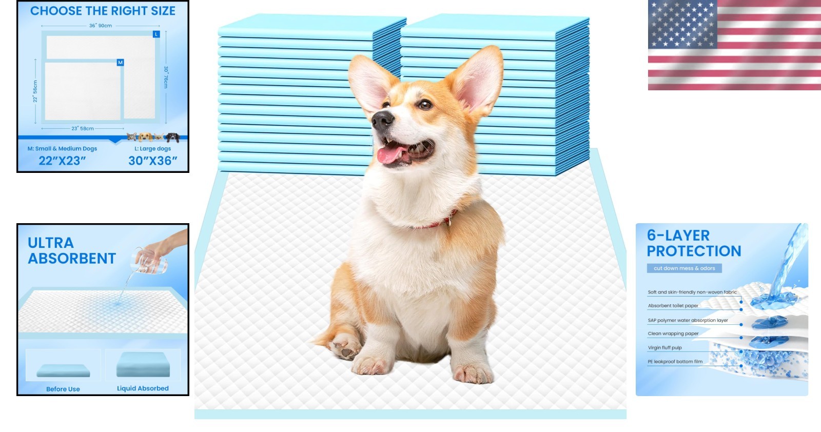 Leak-Proof Dog Pee Pads 22×23 – Ideal for Training & Travel, 30 Count