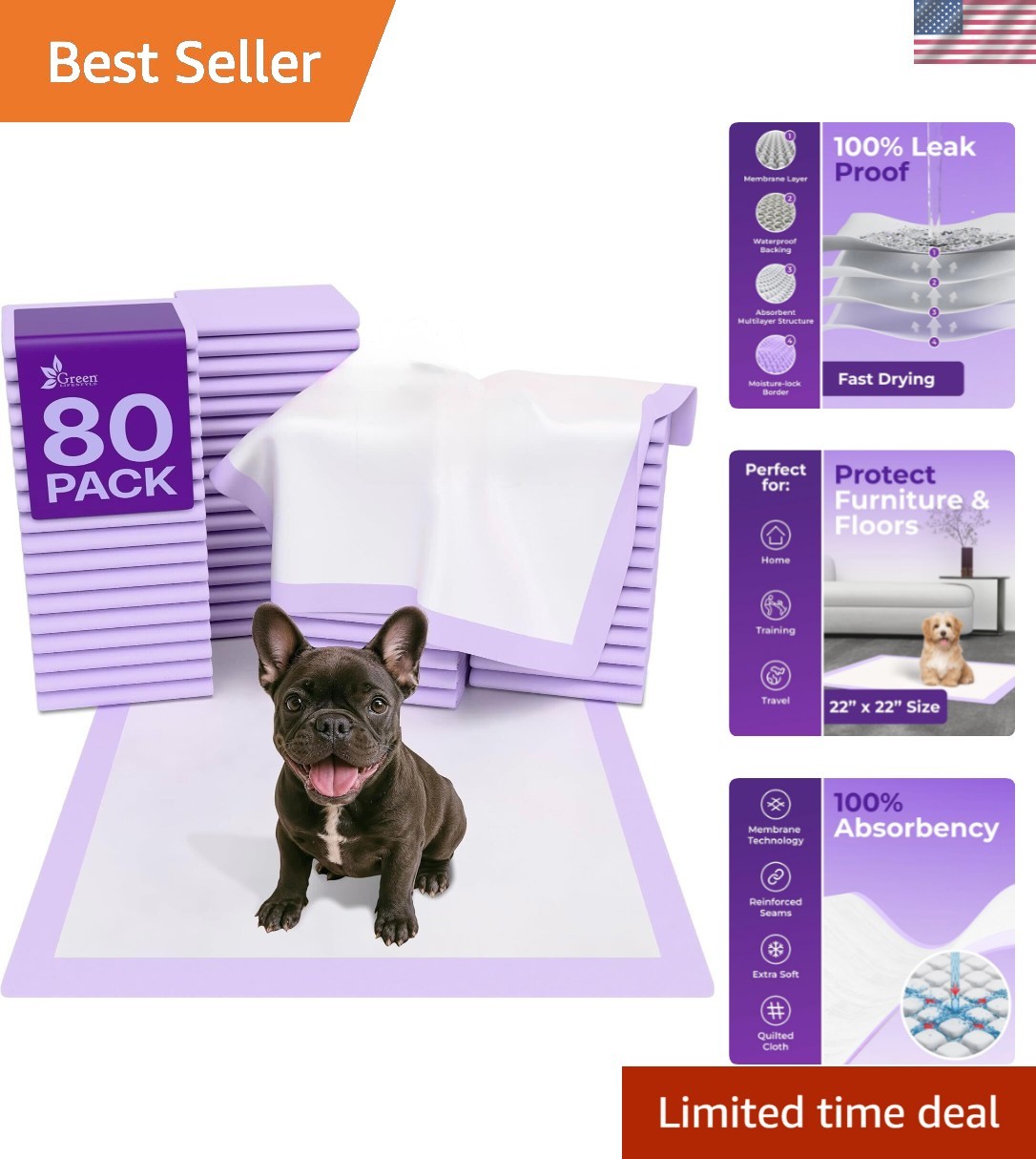 Reusable Waterproof Dog & Cat Training Pads – Soft & Comfortable – 80 Pack