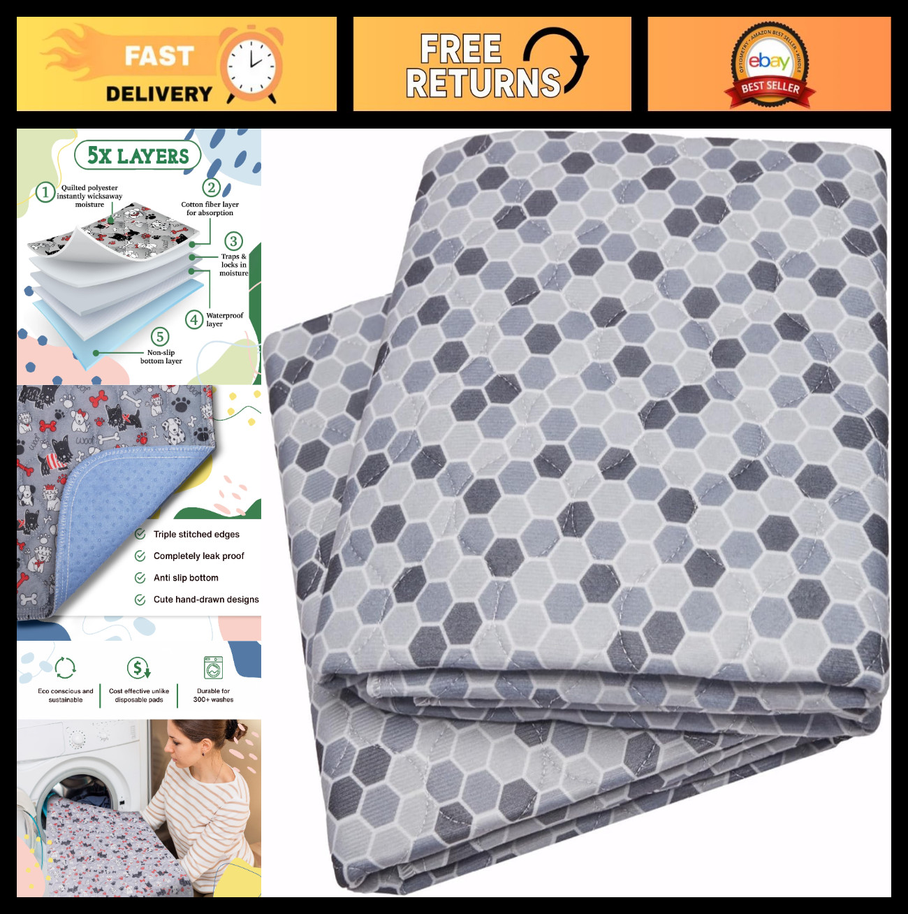Washable Dog Potty Pads 30×36 – Reusable Pee Pads for Puppies, Waterproof Mat (2