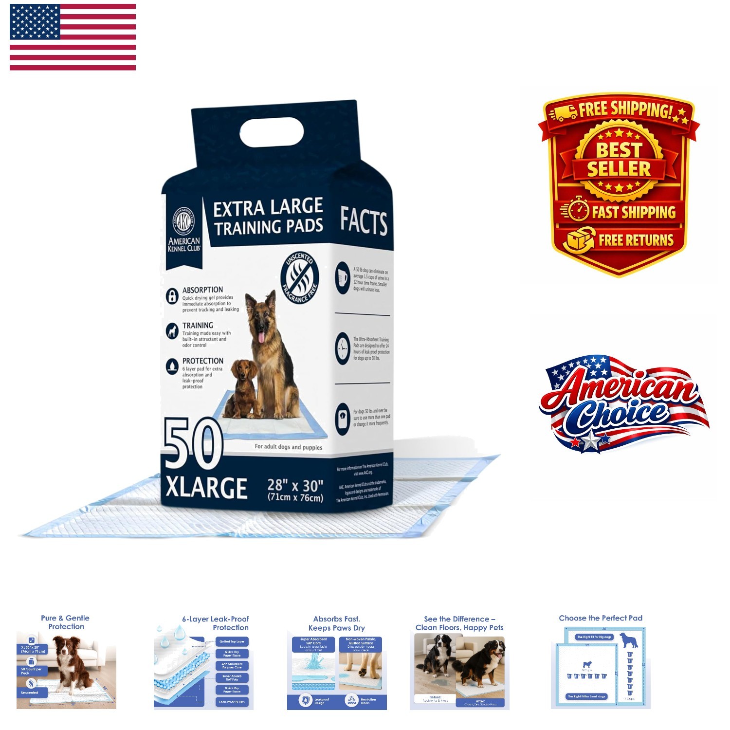 Ultra Absorbent Puppy Training Pads – 28×30 – 50 XL Unscented Leak-Proof Pads