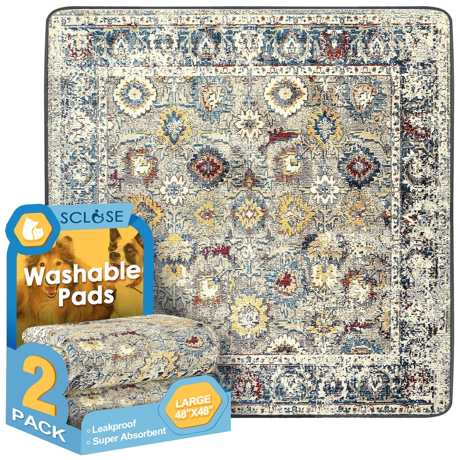 SCLOSE Washable Pee Pads for Dogs Large 2 Pack, 48″ x 48″ Reusable Puppy Pads…